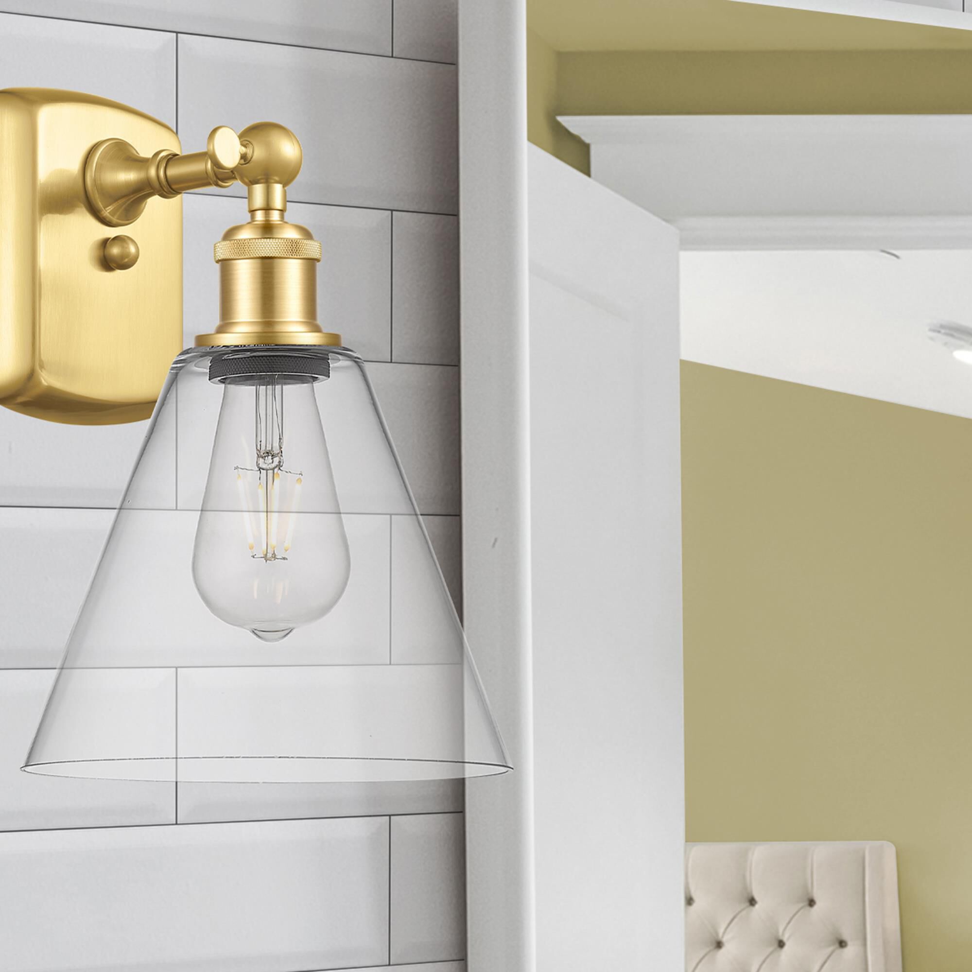 Shown in Satin Gold finish and Clear Ballston Cone glass and No Shade shade