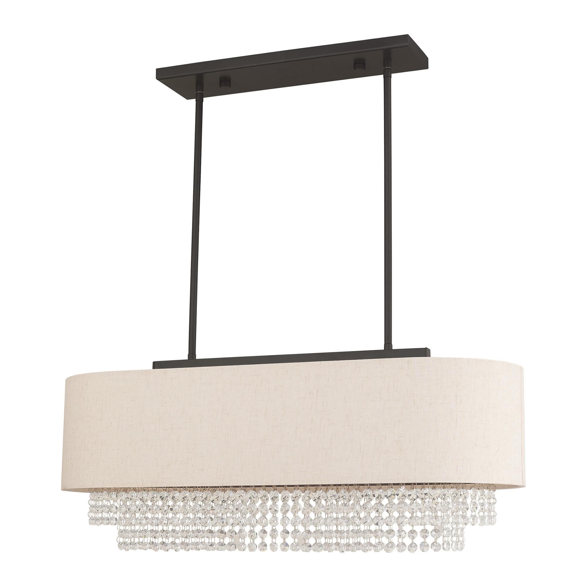Shown in English Bronze finish and Clear Crystals with Hand Crafted Oatmeal Fabric Hardback shade