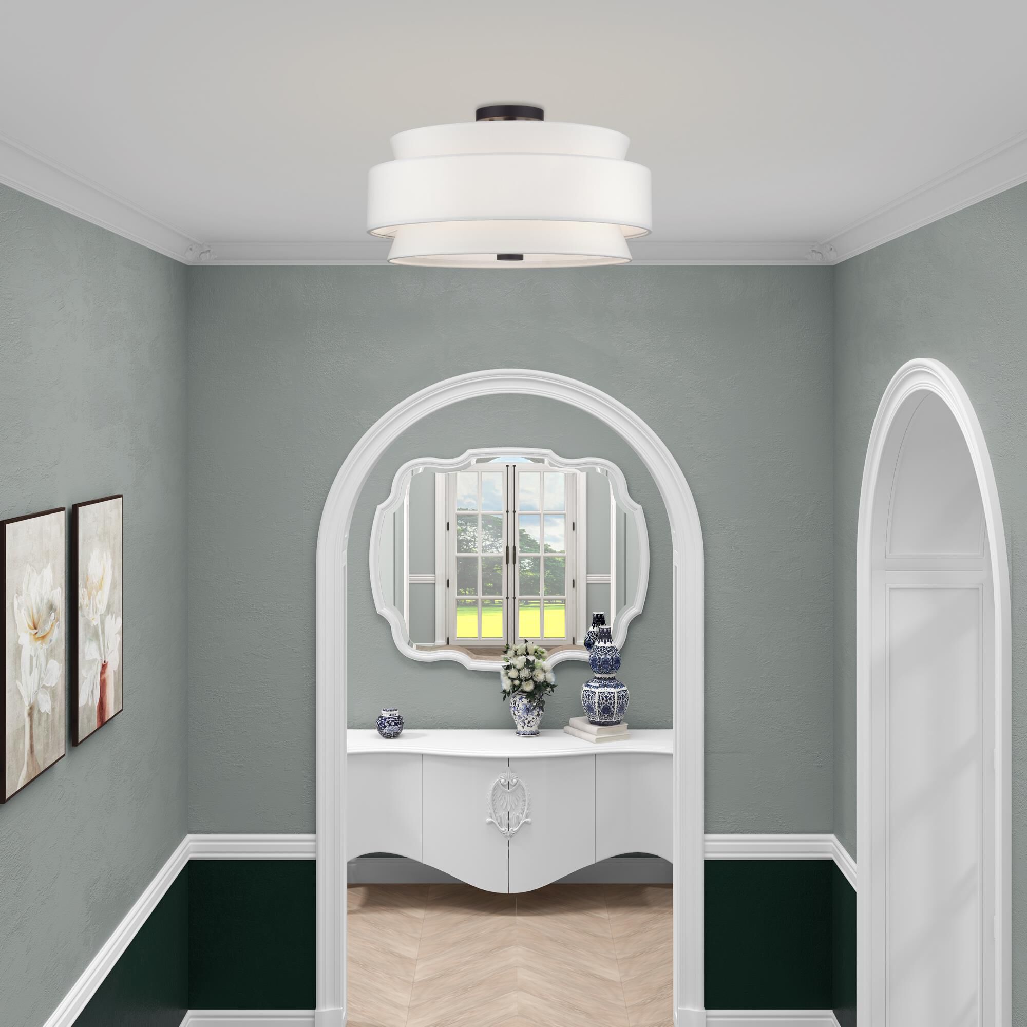 Shown in Bronze finish and Hand Crafted Off-White Fabric Hardbacks with White Fabric Inside shade