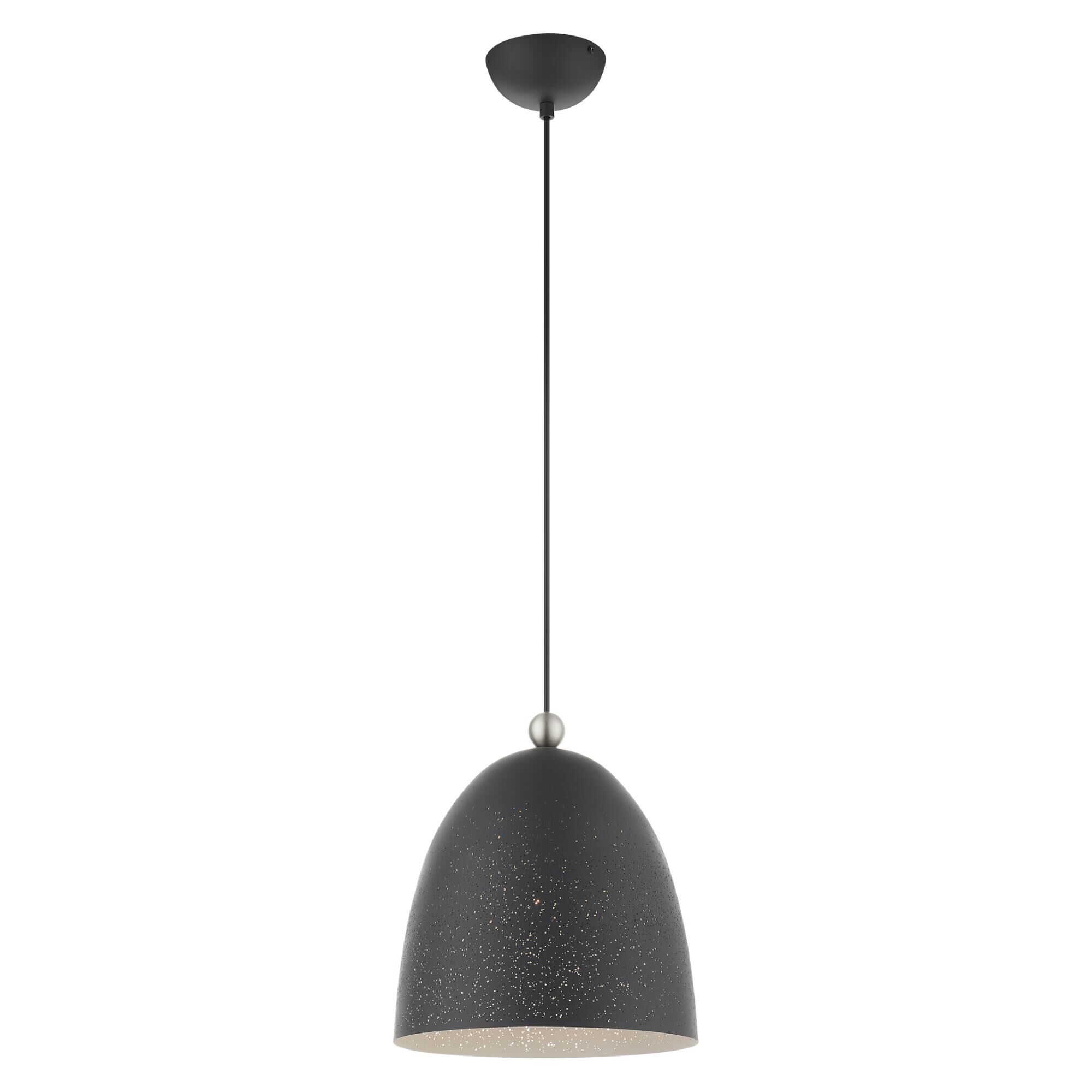 Shown in Scandinavian Gray With Brushed Nickel Accents finish and Scandinavian Gray Ornamental Metal Shade With White Finish Inside glass and Scandinavian Gray Ornamental Metal  With White Finish Inside shade