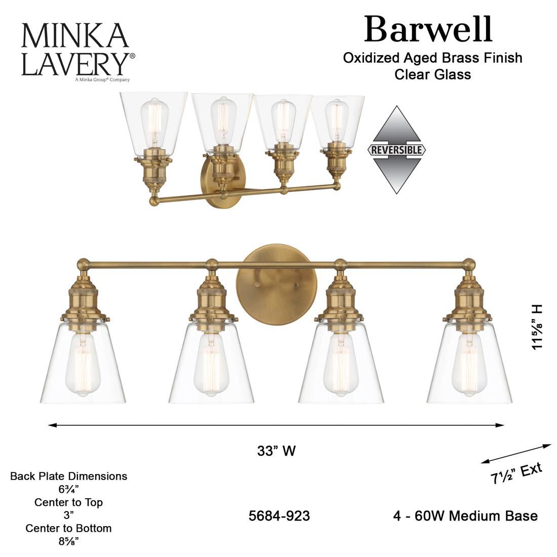 Shown in Oxidized Aged Brass finish and Clear glass