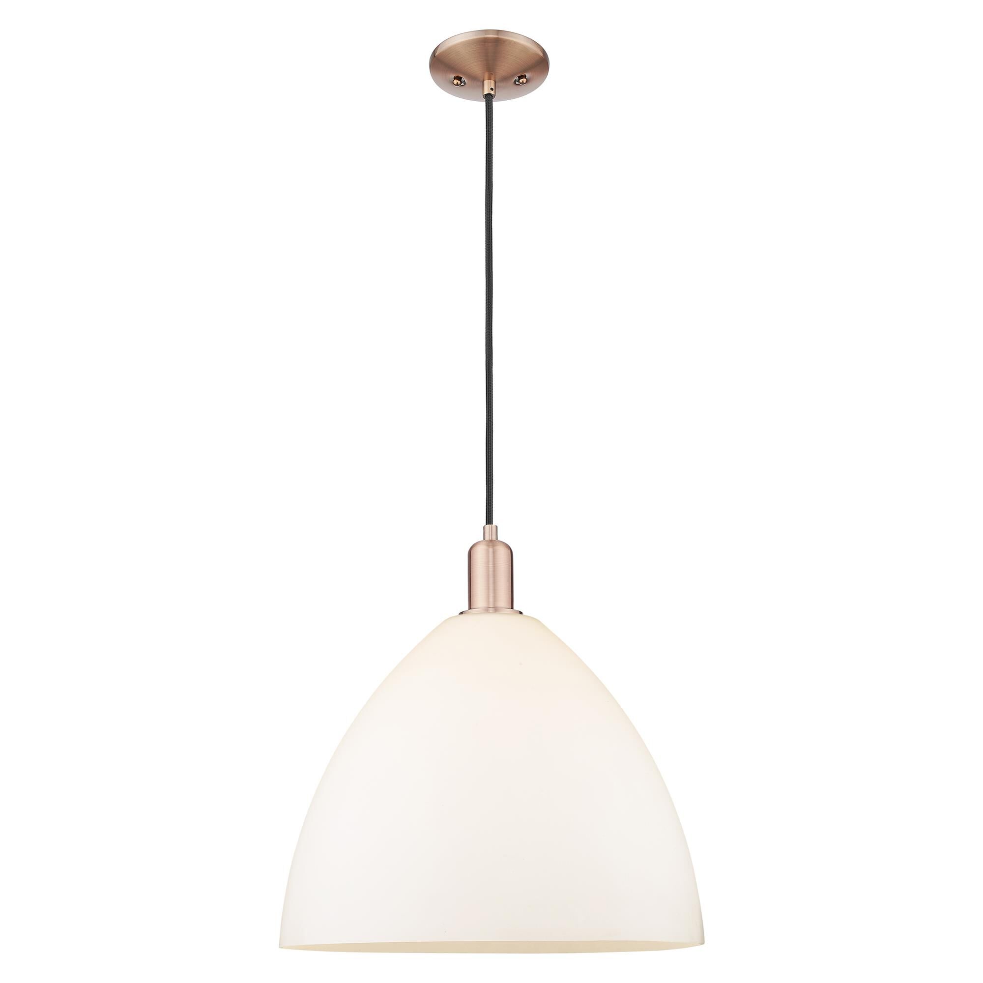 Shown in Antique Copper finish and Matte White glass