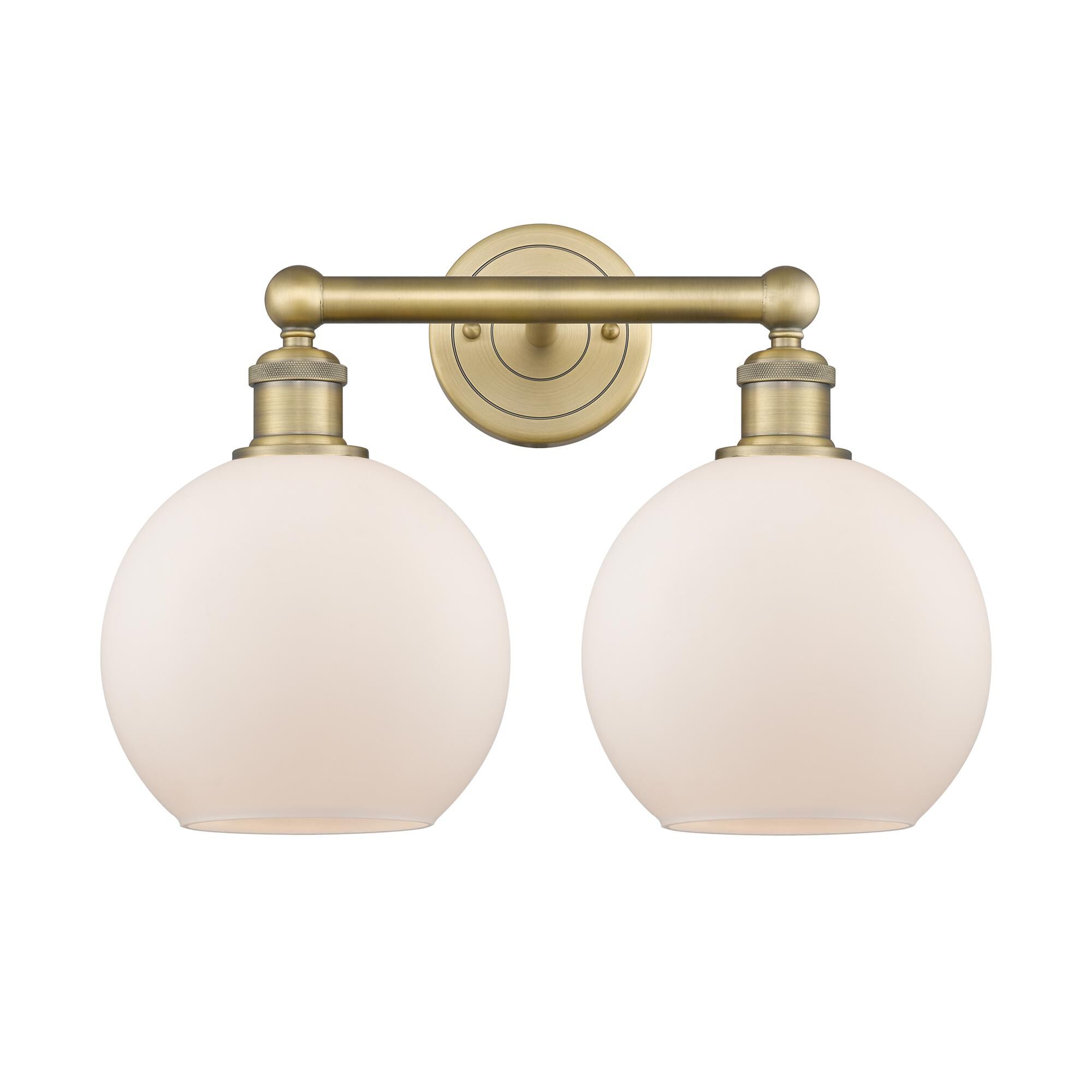 Shown in Brushed Brass finish and Matte White glass