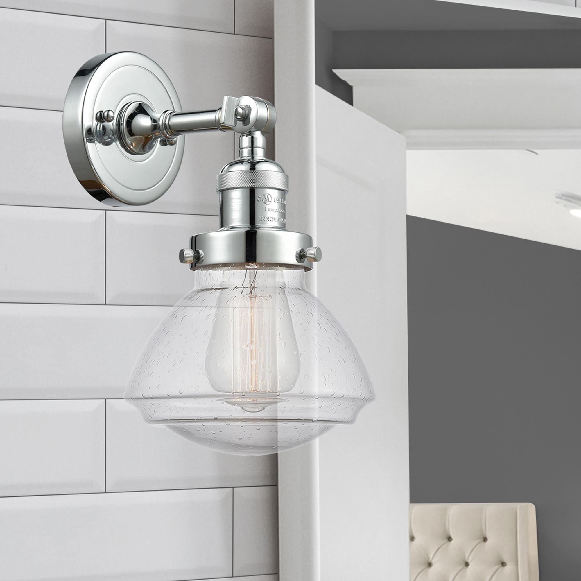 Shown in Polished Chrome finish and Bell glass and Glass shade and Bulb Tint - Amber accent