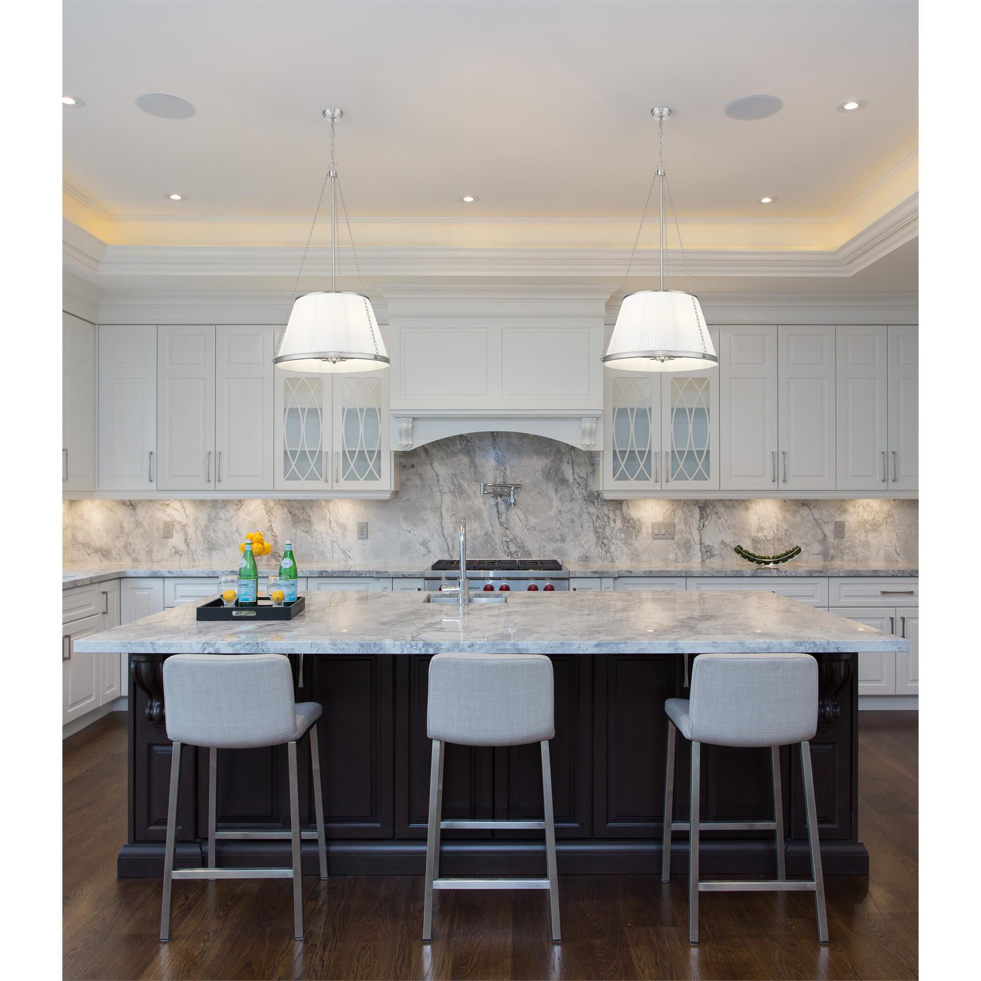Shown in Brushed Nickel finish and White glass and White shade