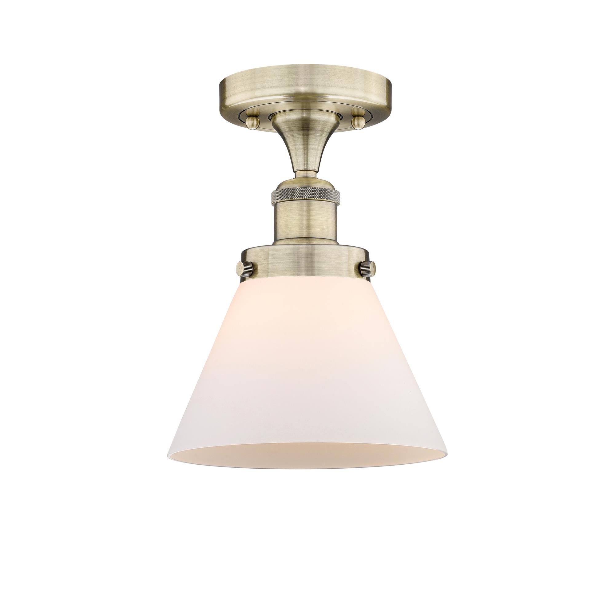 Shown in Antique Brass finish and Matte White glass