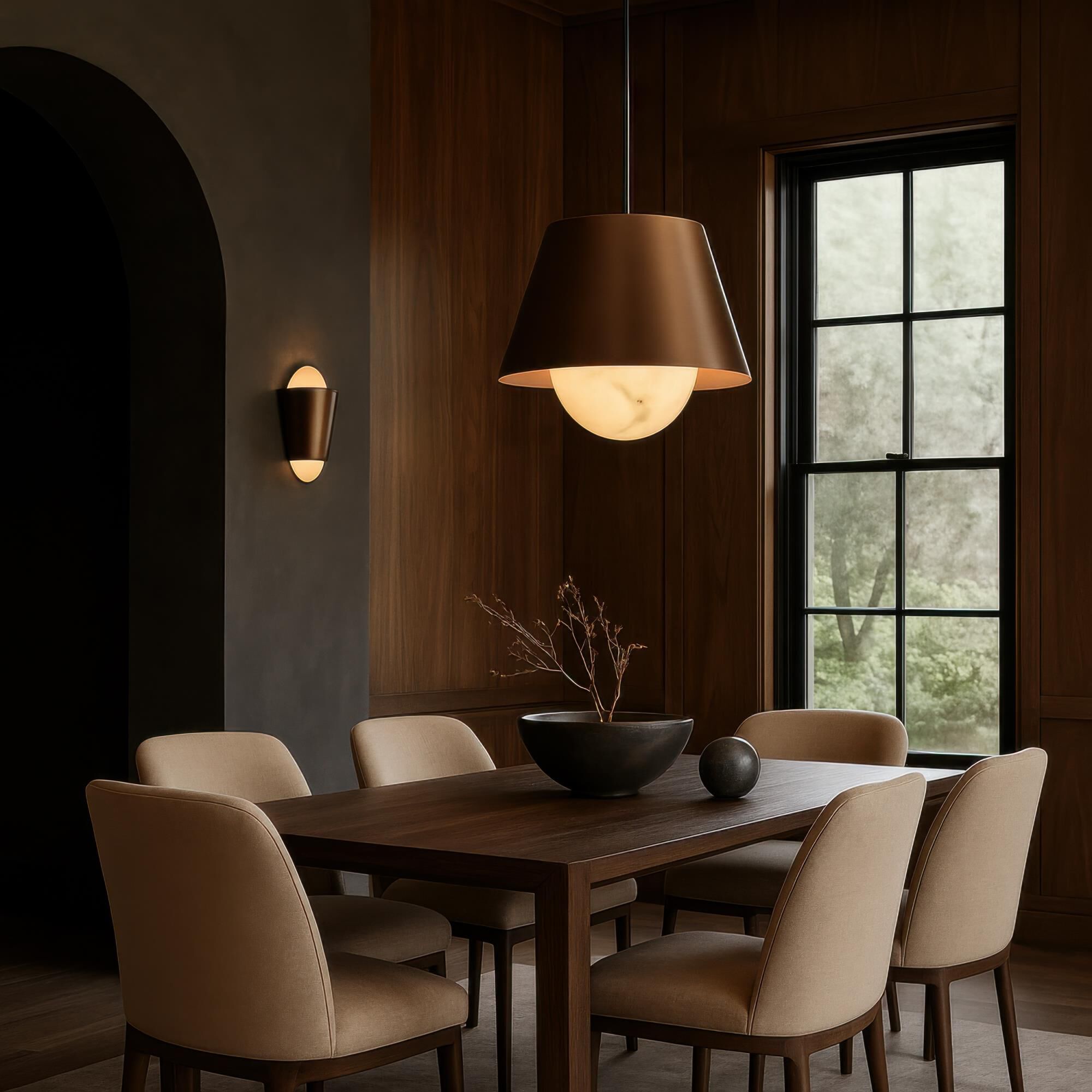 Shown in Bronze and Black finish and Bronze, Brown and  Spanish Alabaster shade