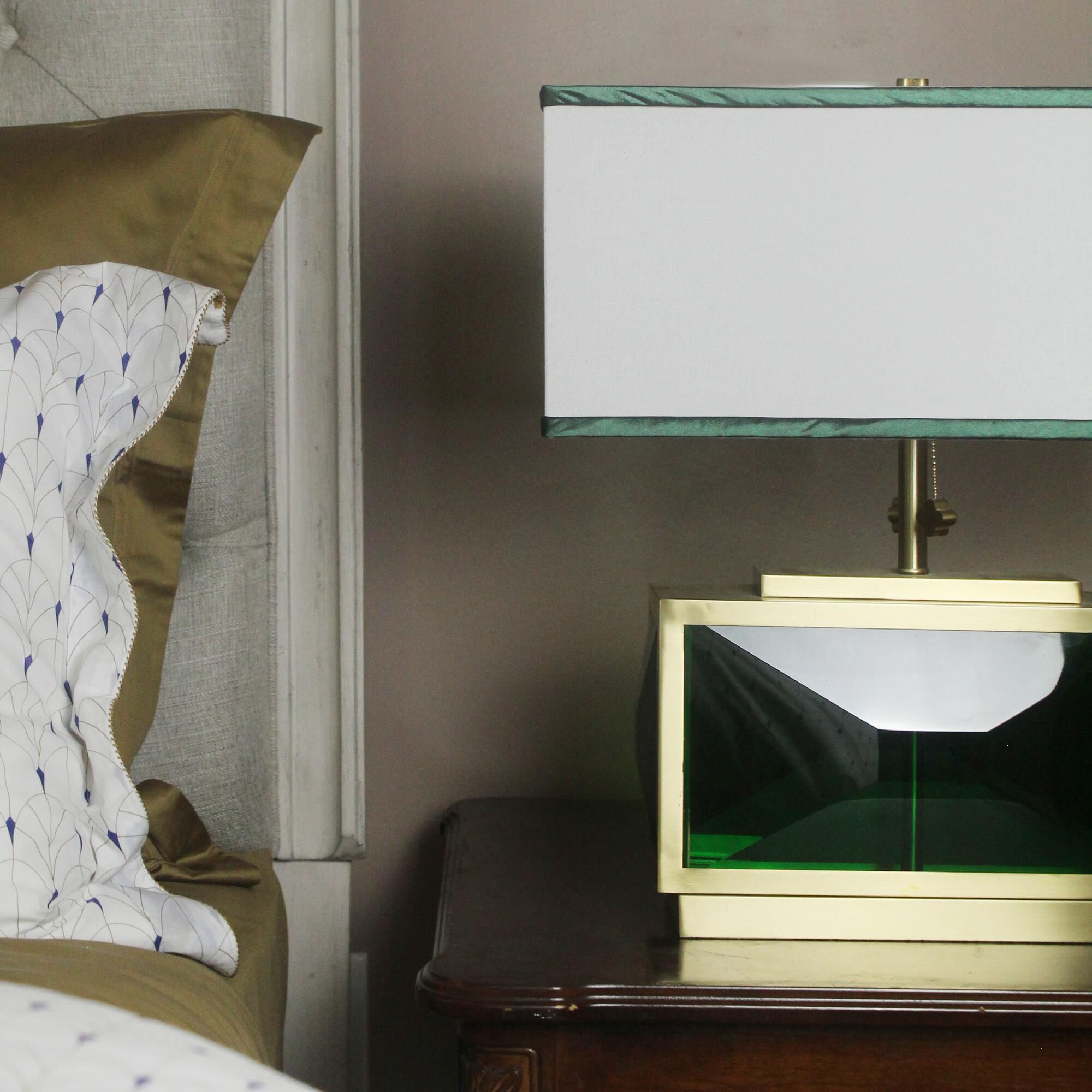 Shown in Polished Brass and Green finish and Off-White With Dark Green Double-Lined Trim shade
