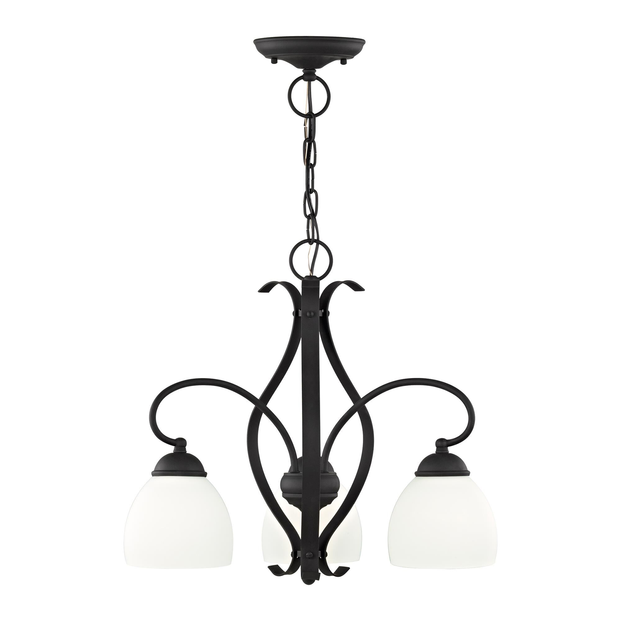 Shown in Black finish and Hand Blown Satin Opal White glass