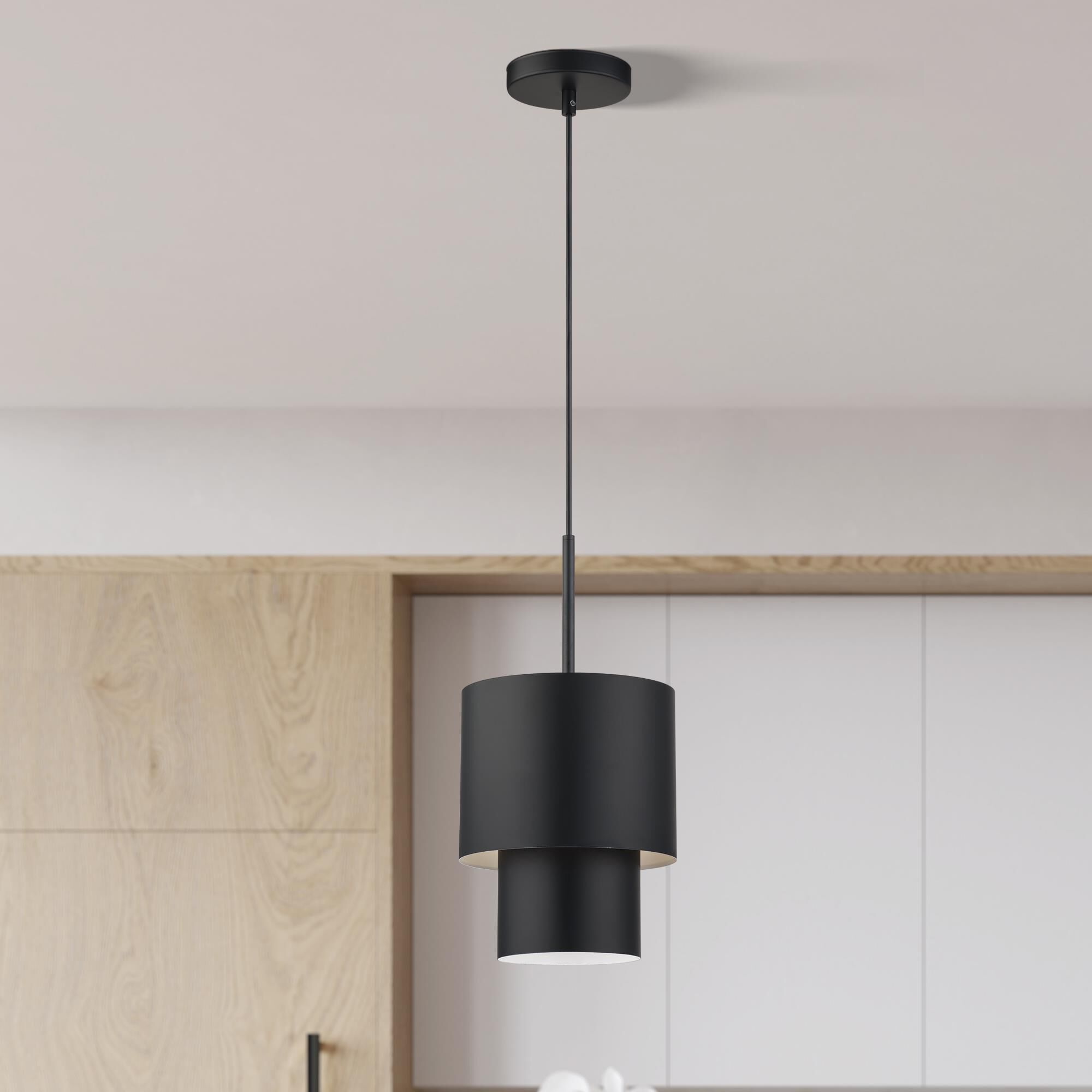 Shown in Black finish and Black Steel with Shiny White Inside shade