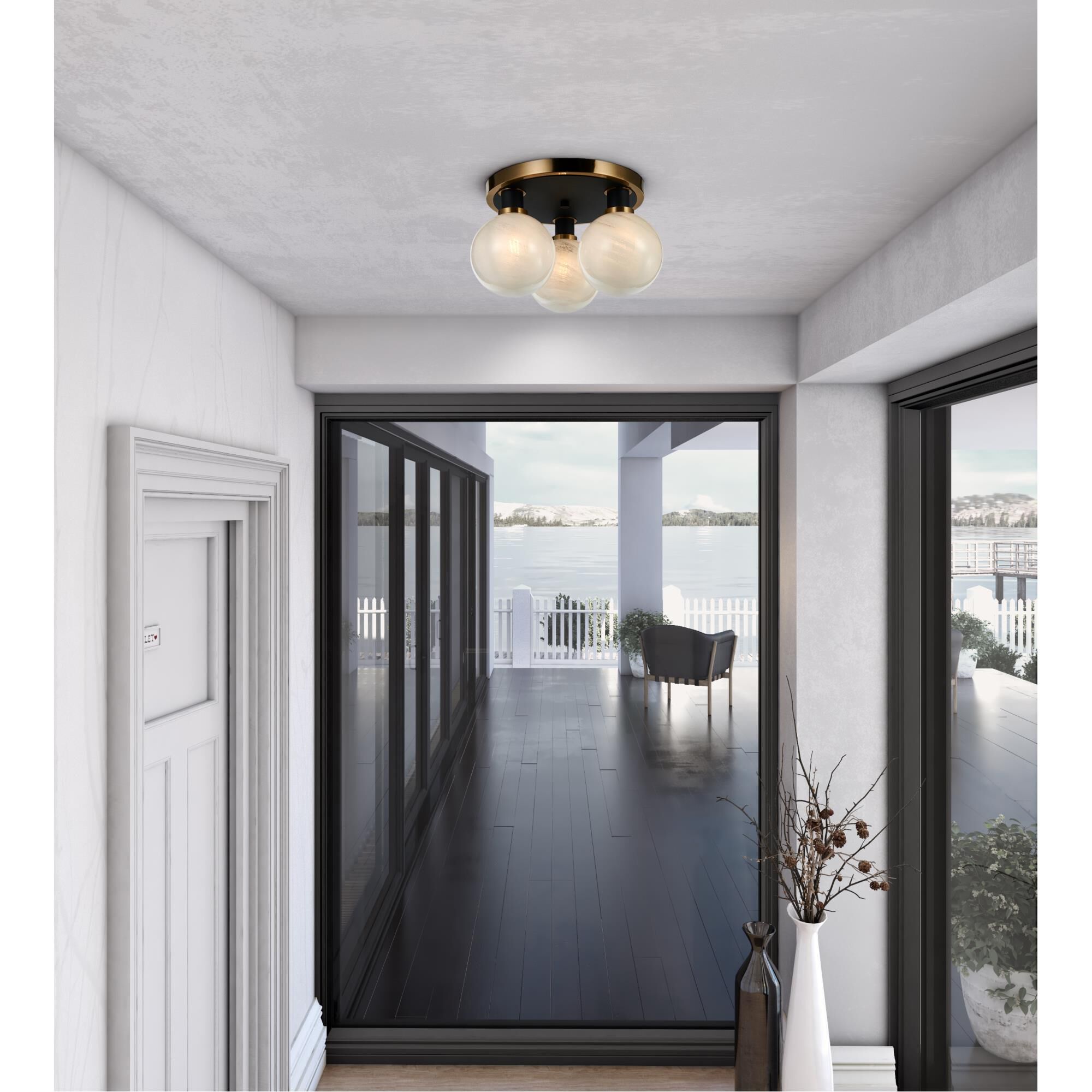 Shown in Black and Brushed Brass finish and Glossy Textured White glass