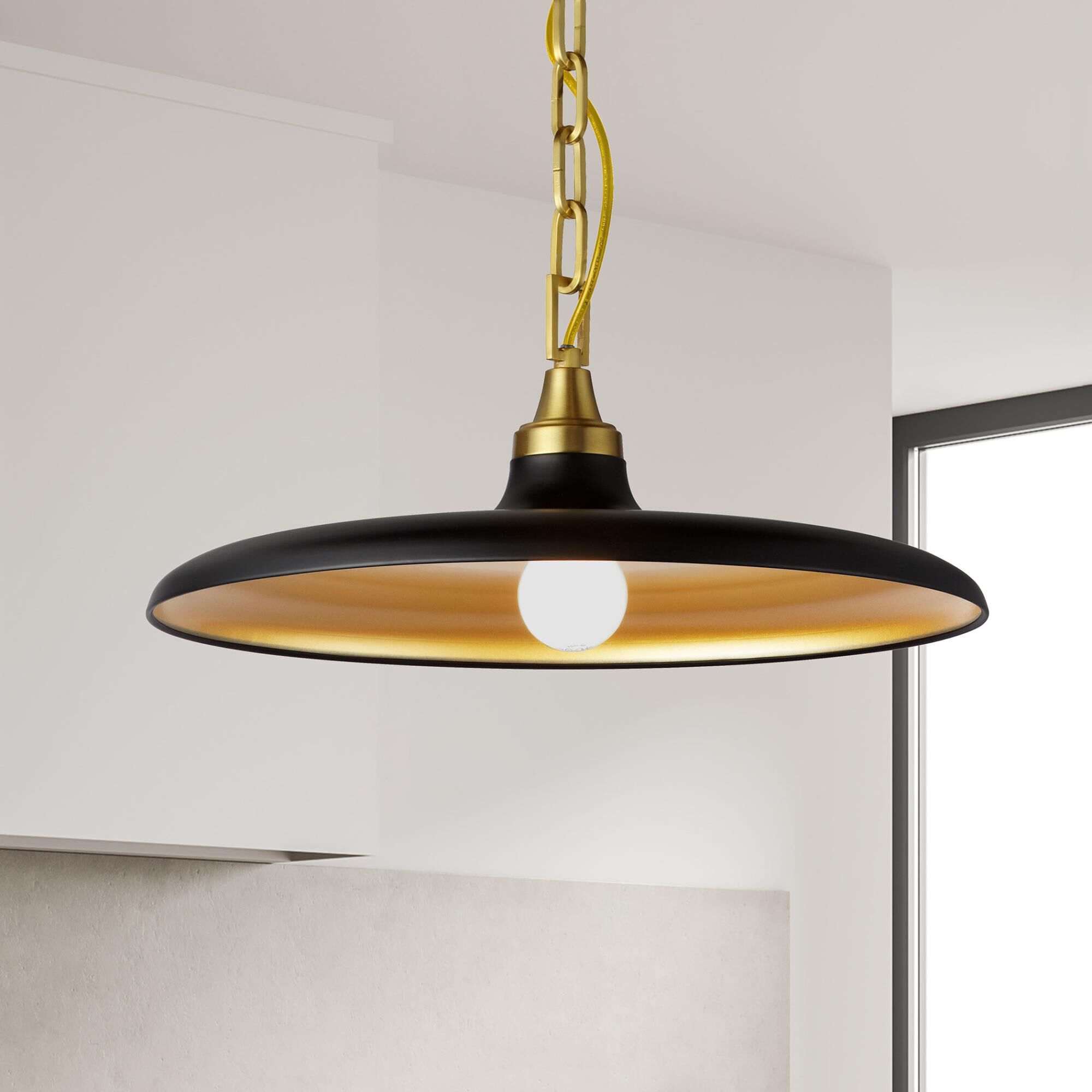Shown in Matte Black and Aged Brass finish and Matte White Metal Schoolhouse shade