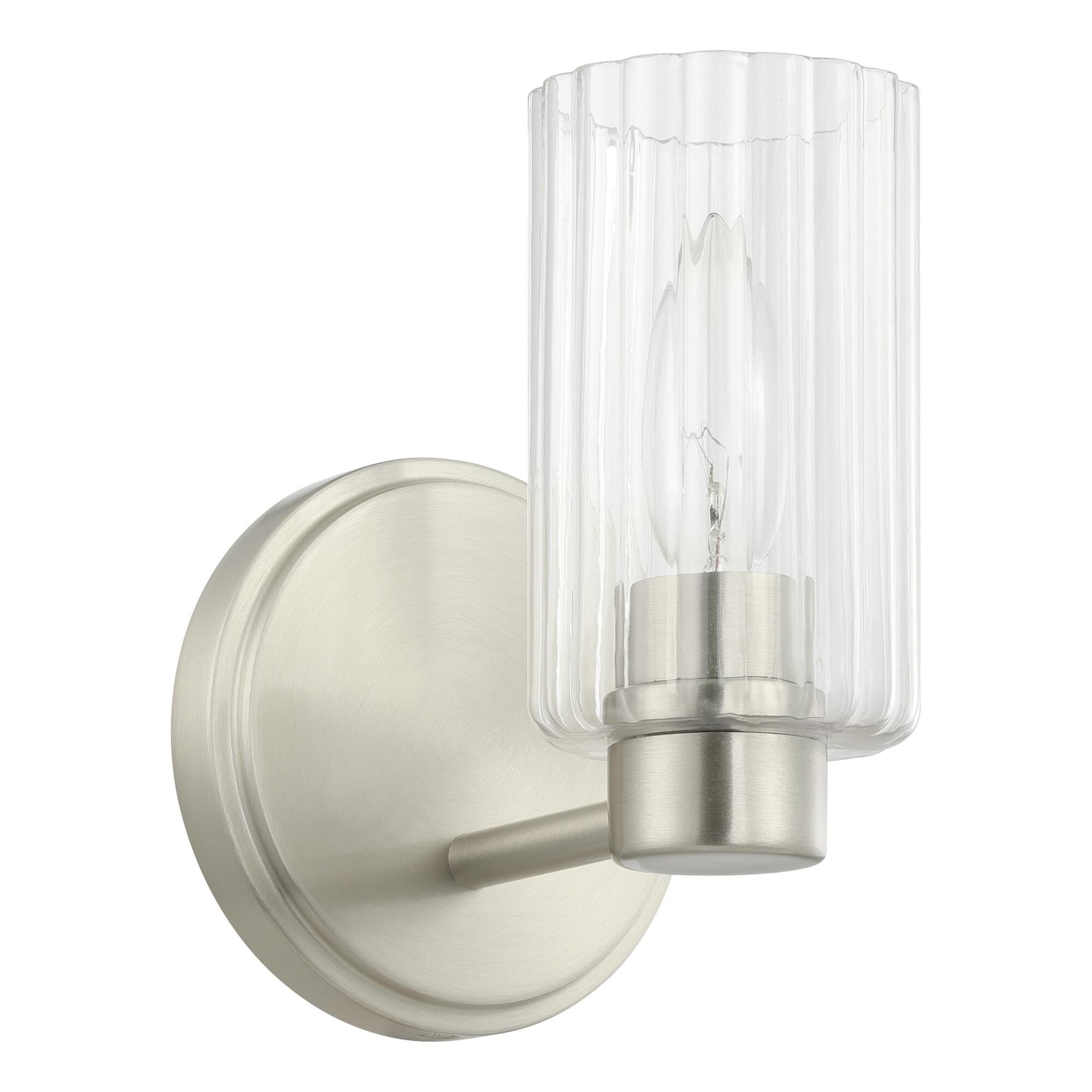 Shown in Brushed Nickel finish and Clear Ribbed glass