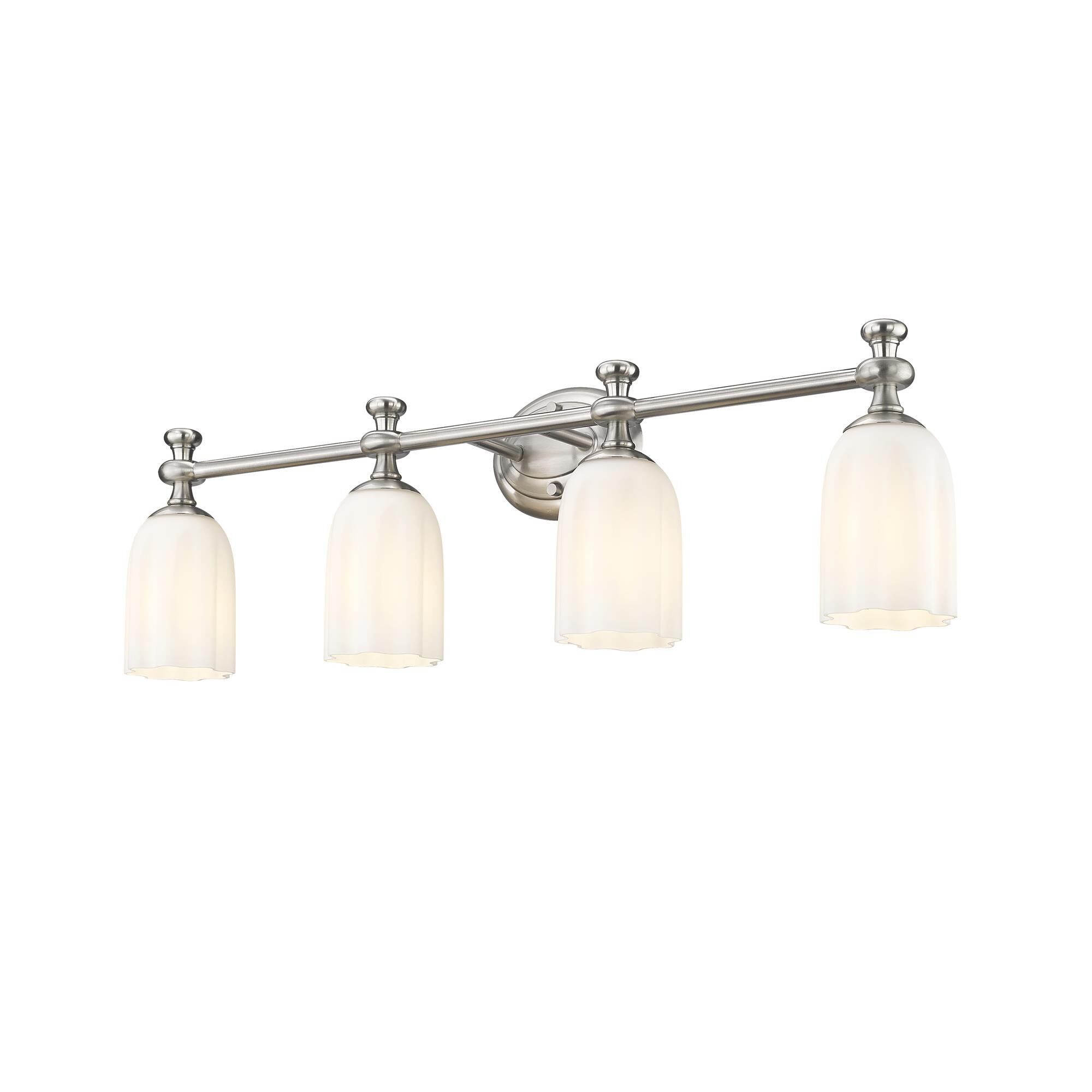 Shown in Brushed Nickel finish and Opal Etched glass and Opal Etched shade