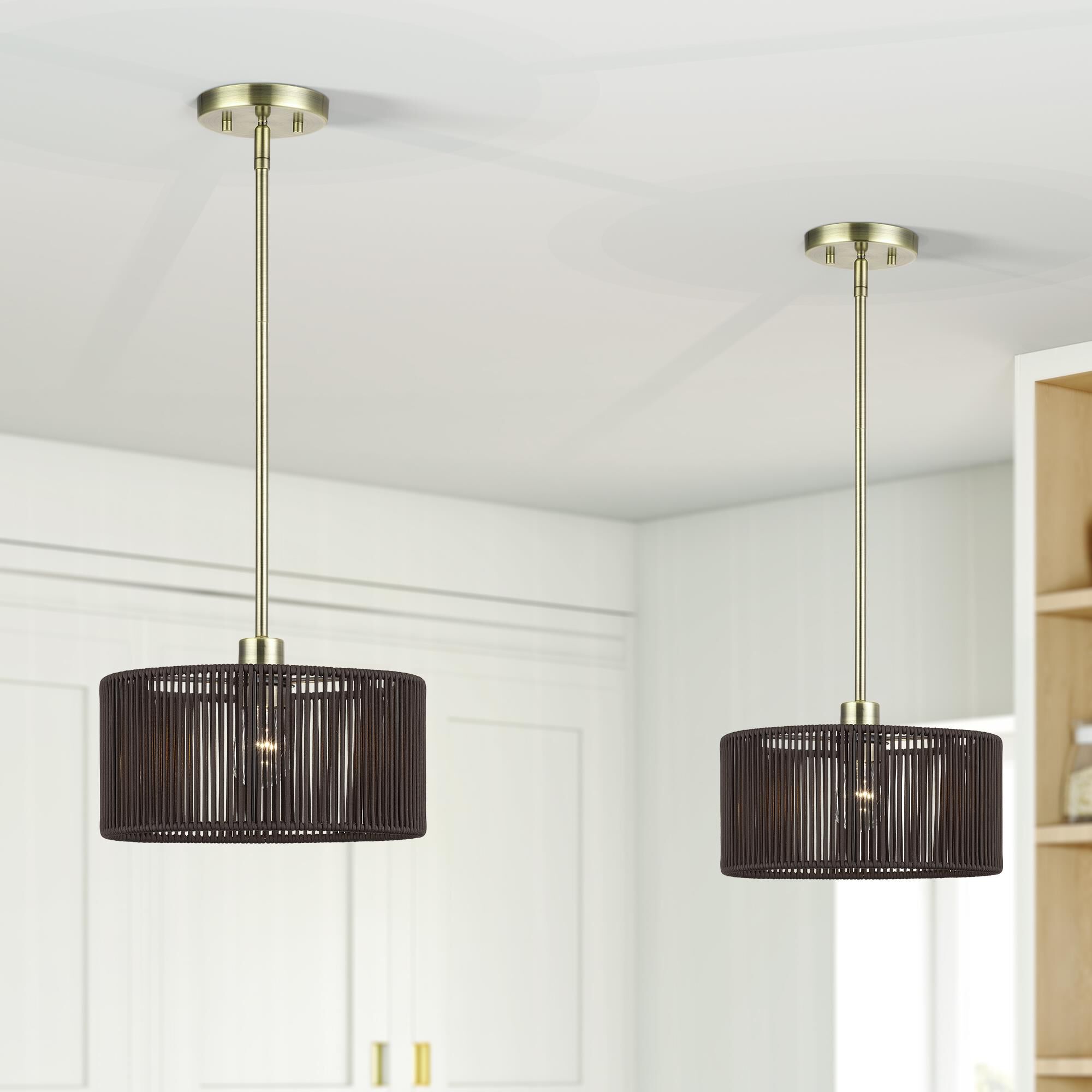 Shown in Antique Brass finish and Hand-Woven Dark Chocolate Color Polyester Rope shade