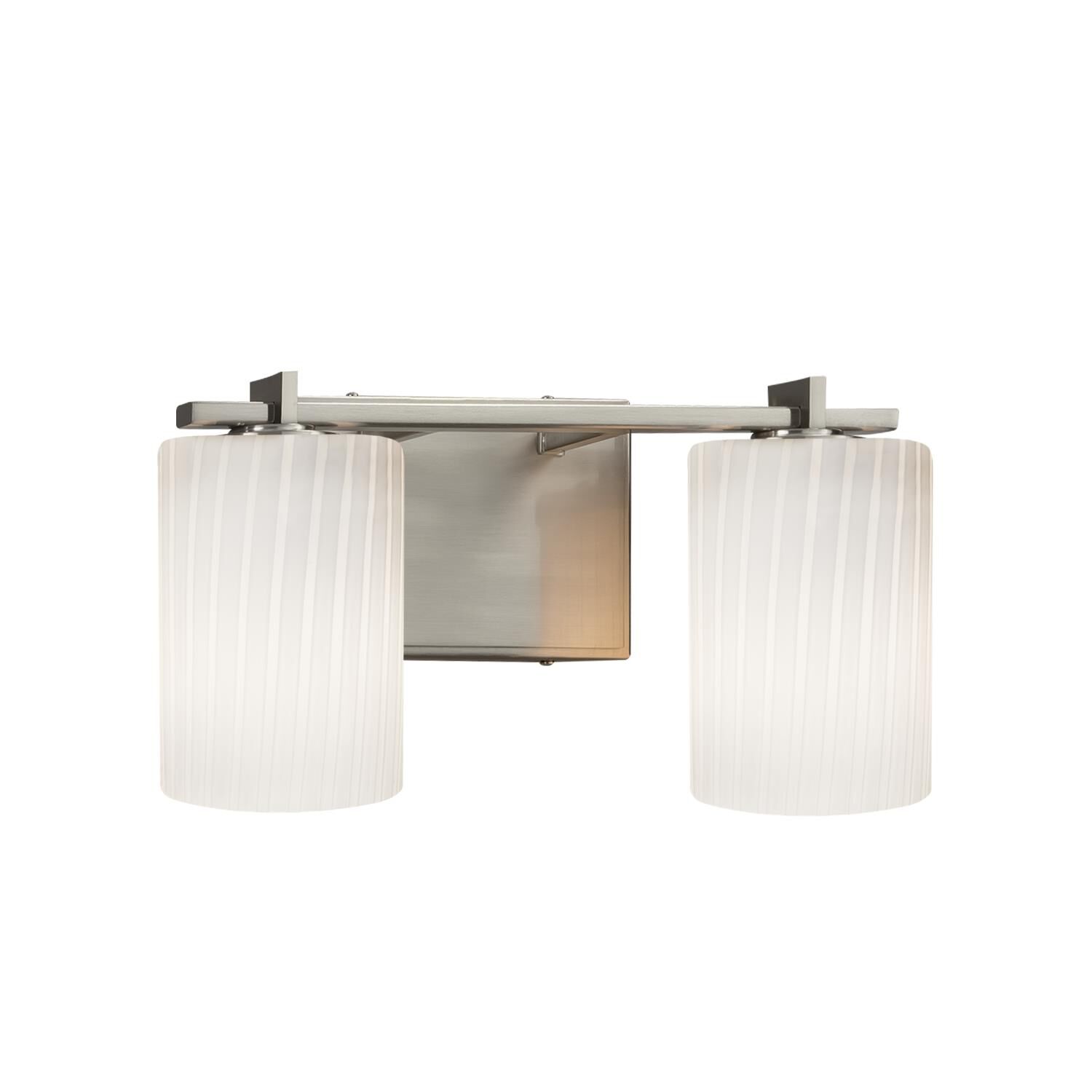 Shown in Brushed Nickel finish and Artisan glass and Ribbon shade and Cylinder with Flat Rim accent
