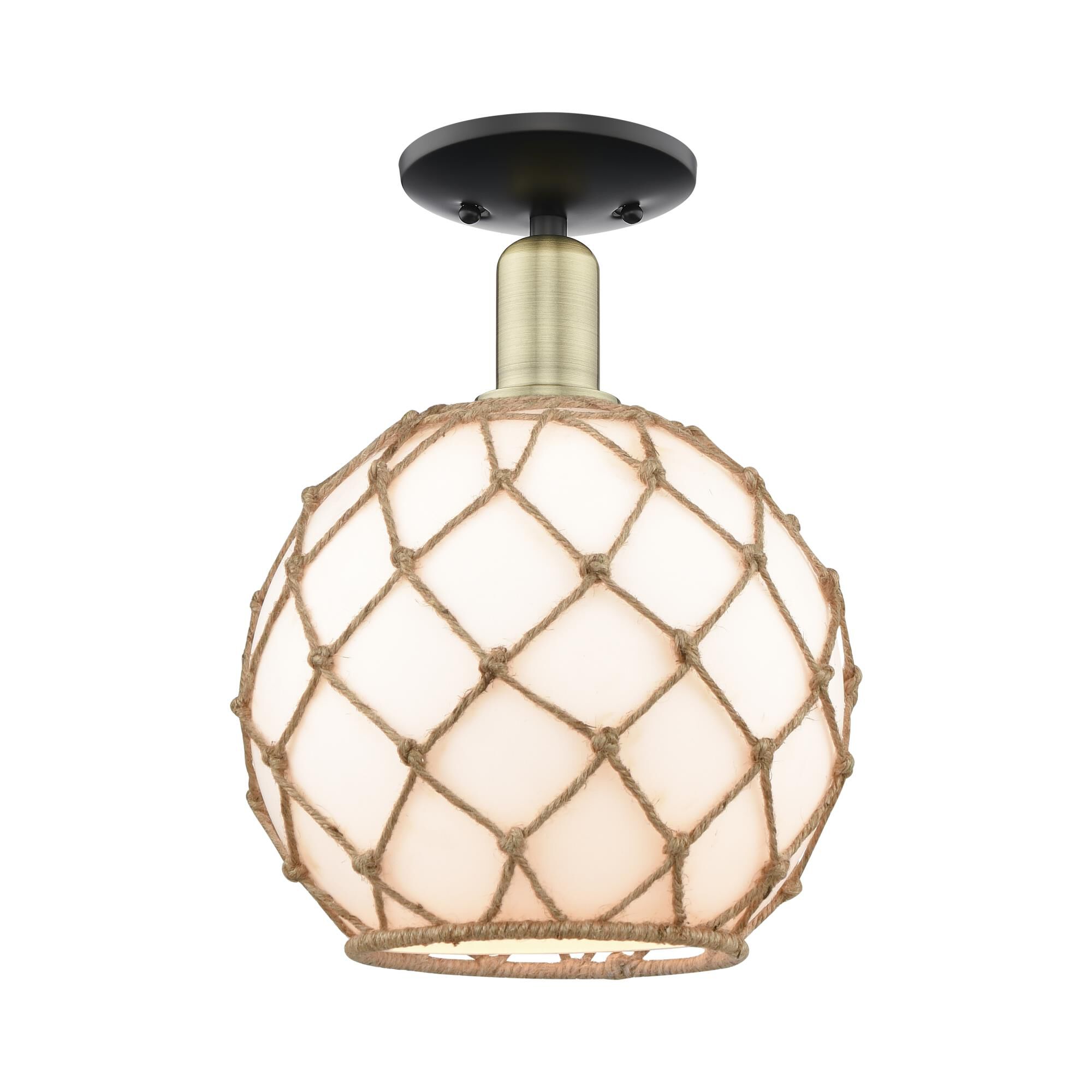 Shown in Black Antique Brass finish and White with Brown Rope glass