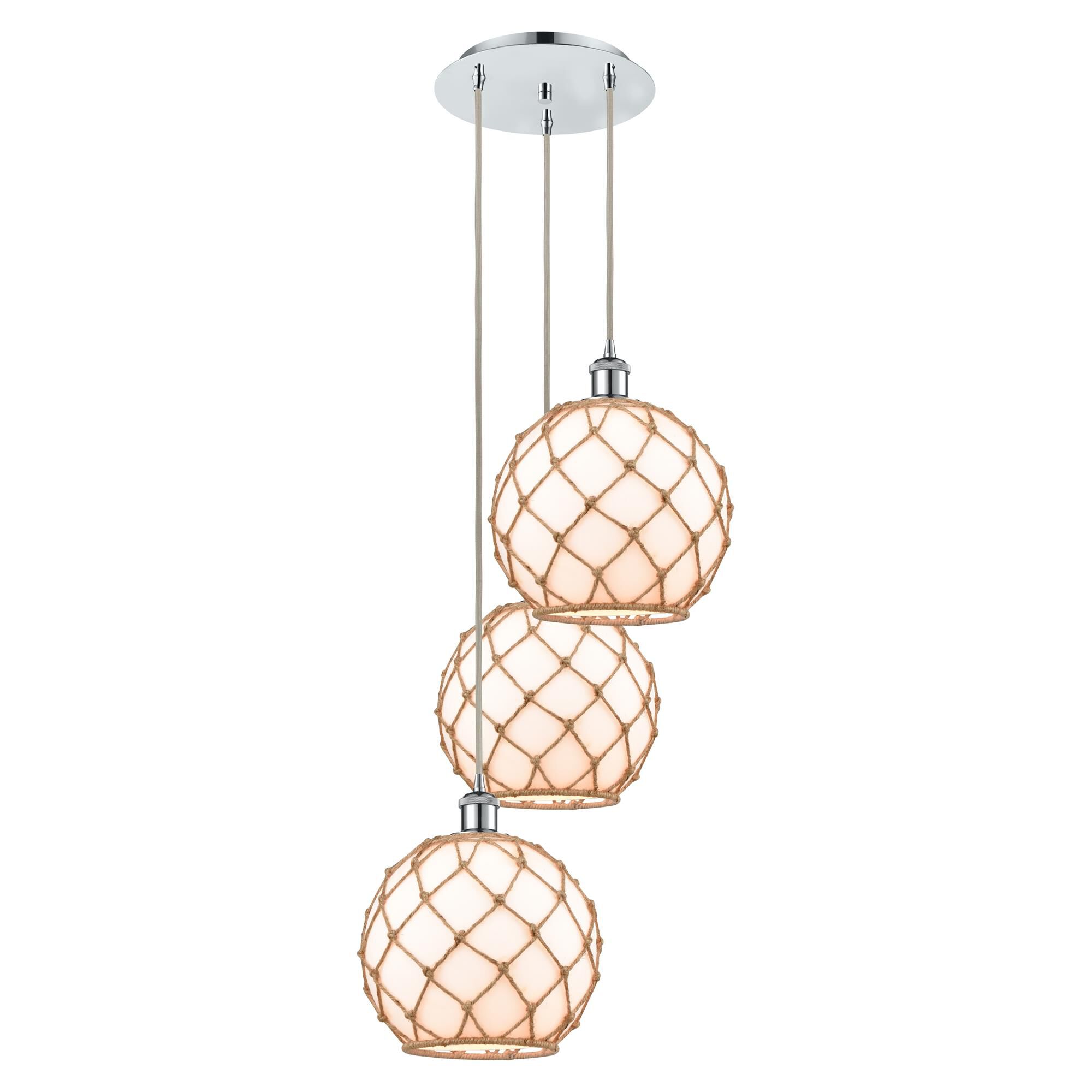 Shown in Polished Chrome finish and White with Brown Rope glass