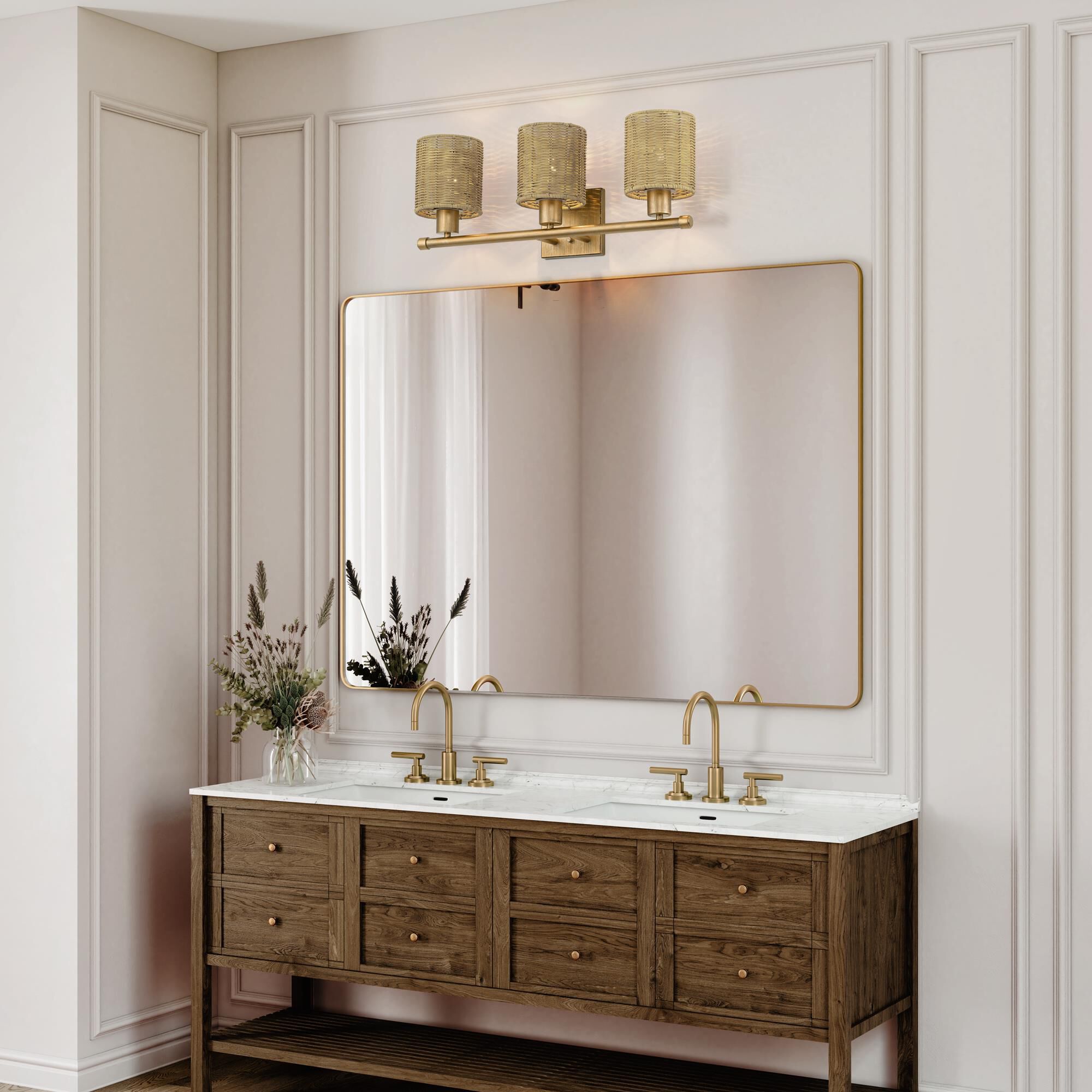 Shown in Antique Gold Leaf finish and Hand-Woven Rustic Walnut Color Rattan shade