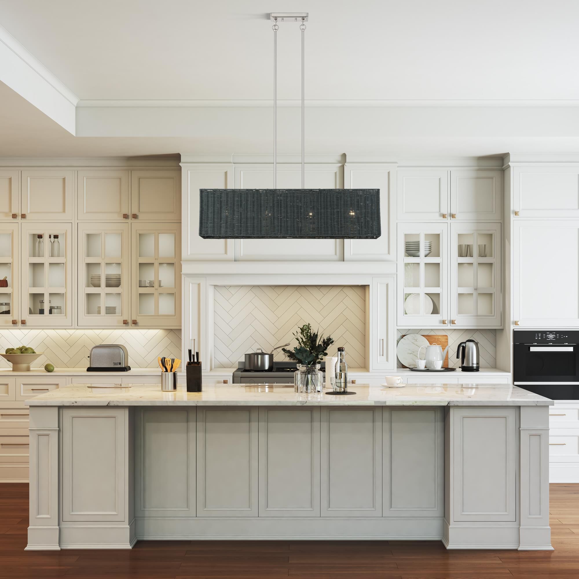 Shown in Brushed Nickel finish and Hand-Woven Charred Gray Color Rattan shade