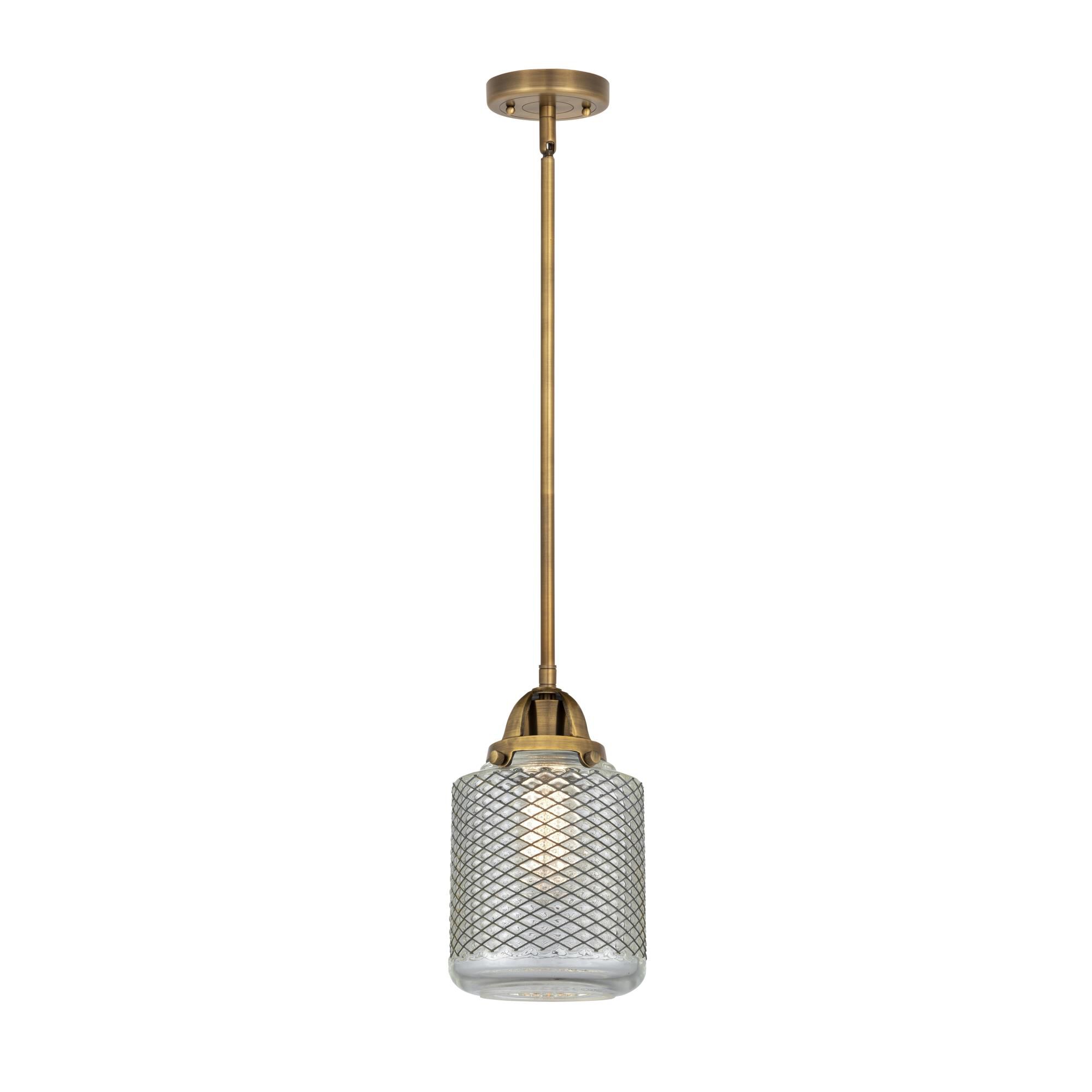 Shown in Brushed Brass finish and Vintage Wire Mesh Stanton glass and No Shade shade