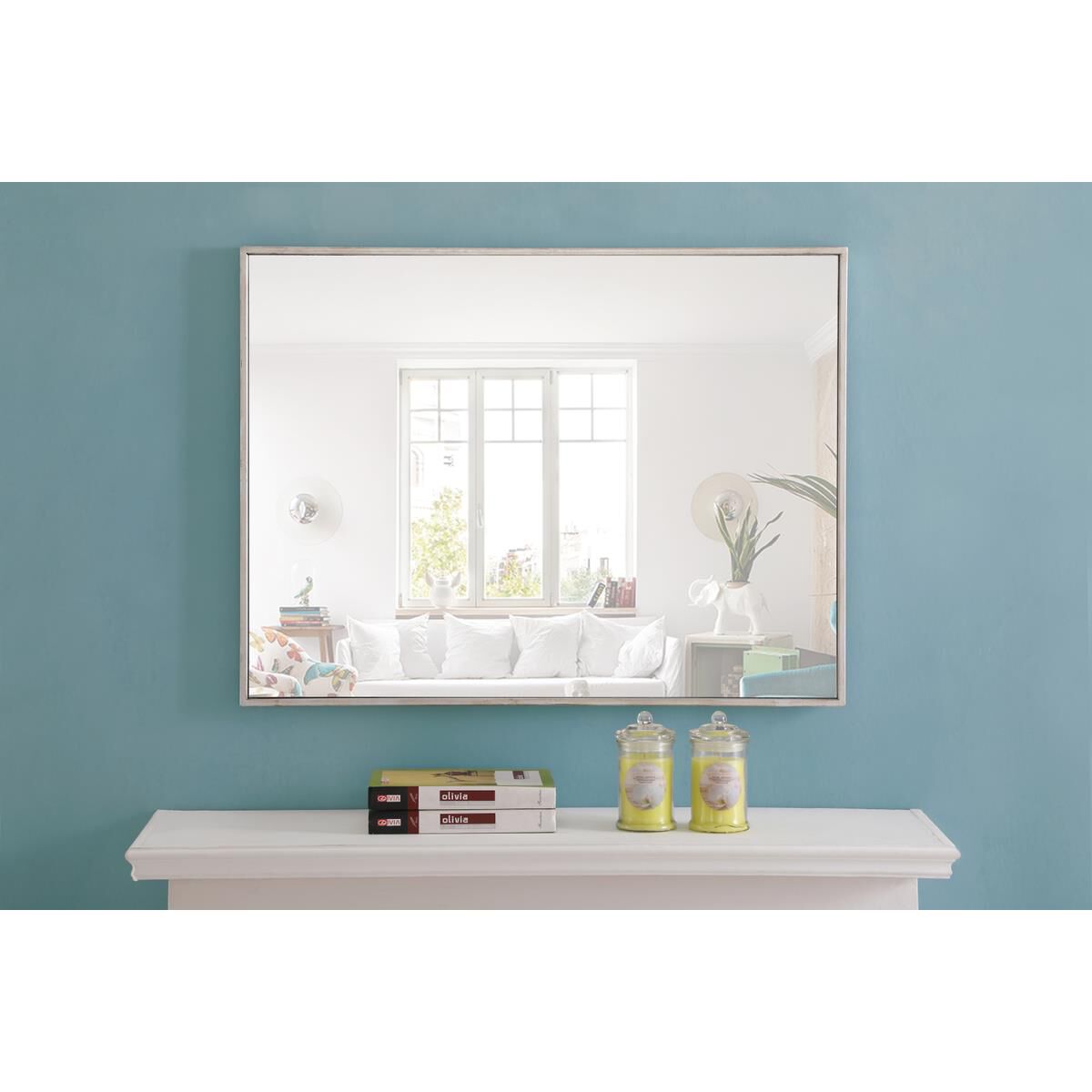 Shown in Silver finish and Clear Mirror Beveled glass