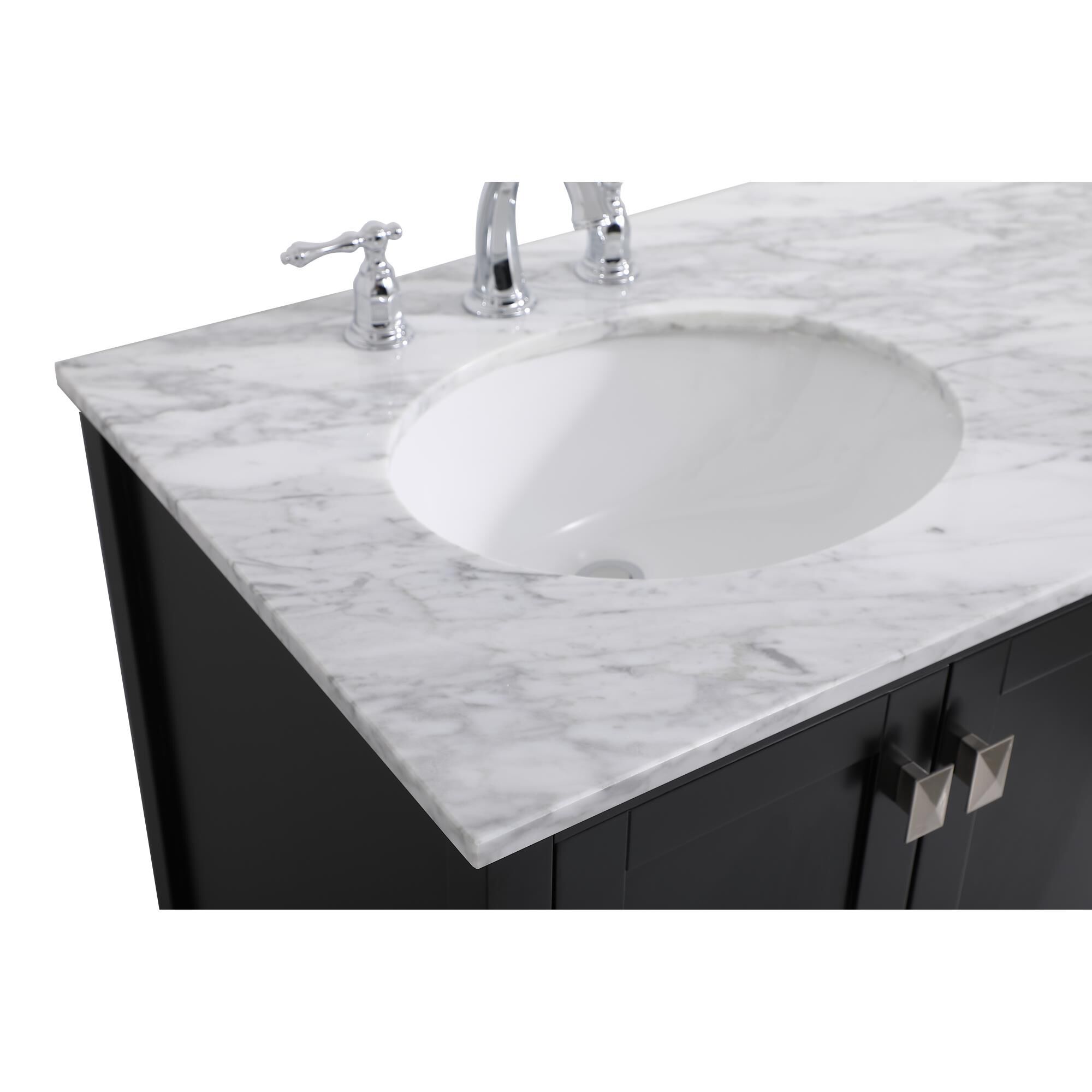 Shown in Black And Brushed Nickel With Carrara White Marble finish