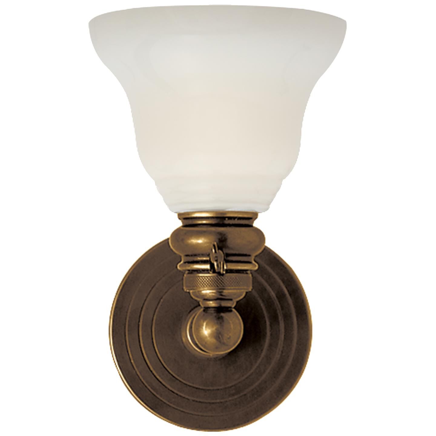 Shown in Hand-Rubbed Antique Brass finish and White glass