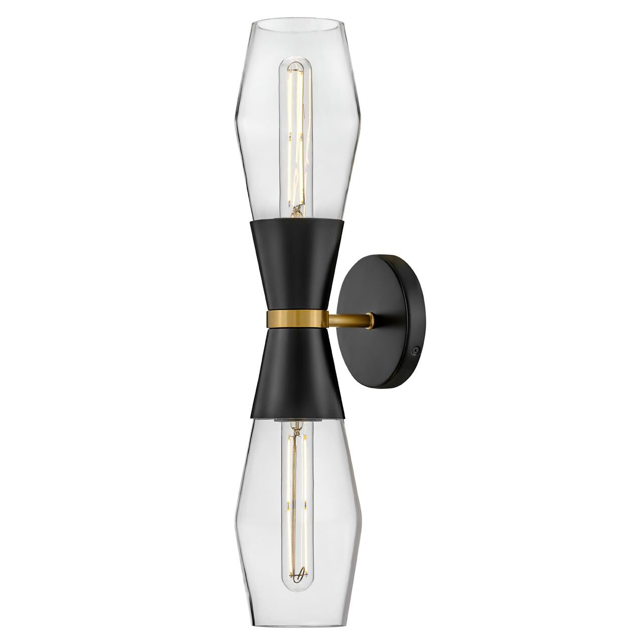 Shown in Black finish and Clear glass and Lacquered Brass accent