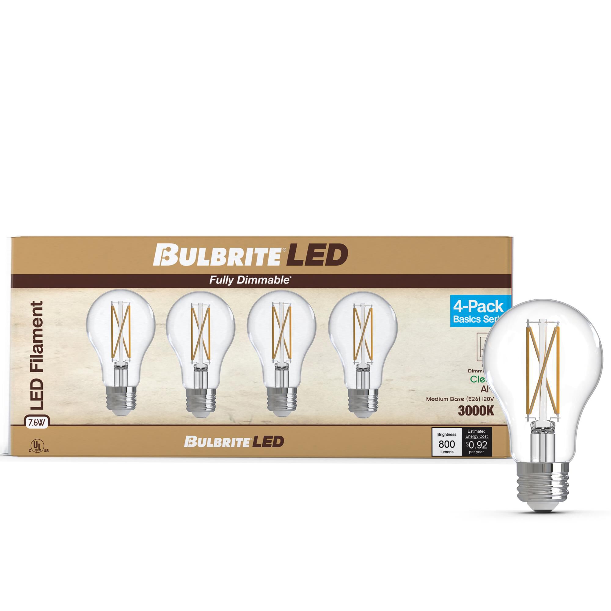Clear A19 Base E26 3000K LED Light Bulb Pack of 4 by Bulbrite