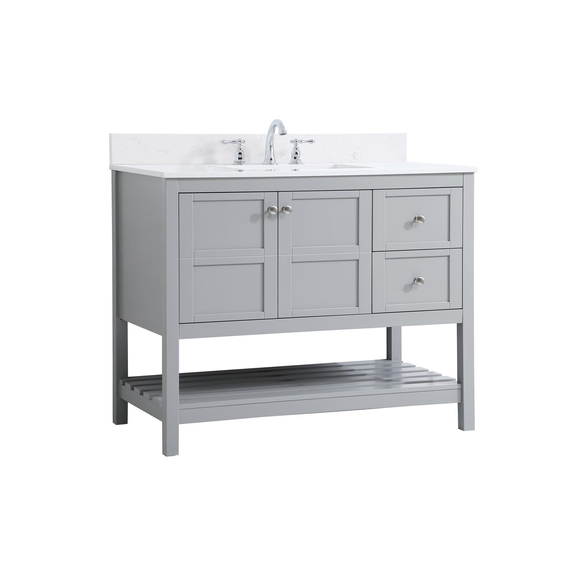 Shown in Gray And Brushed Nickel With Calacatta Quartz finish