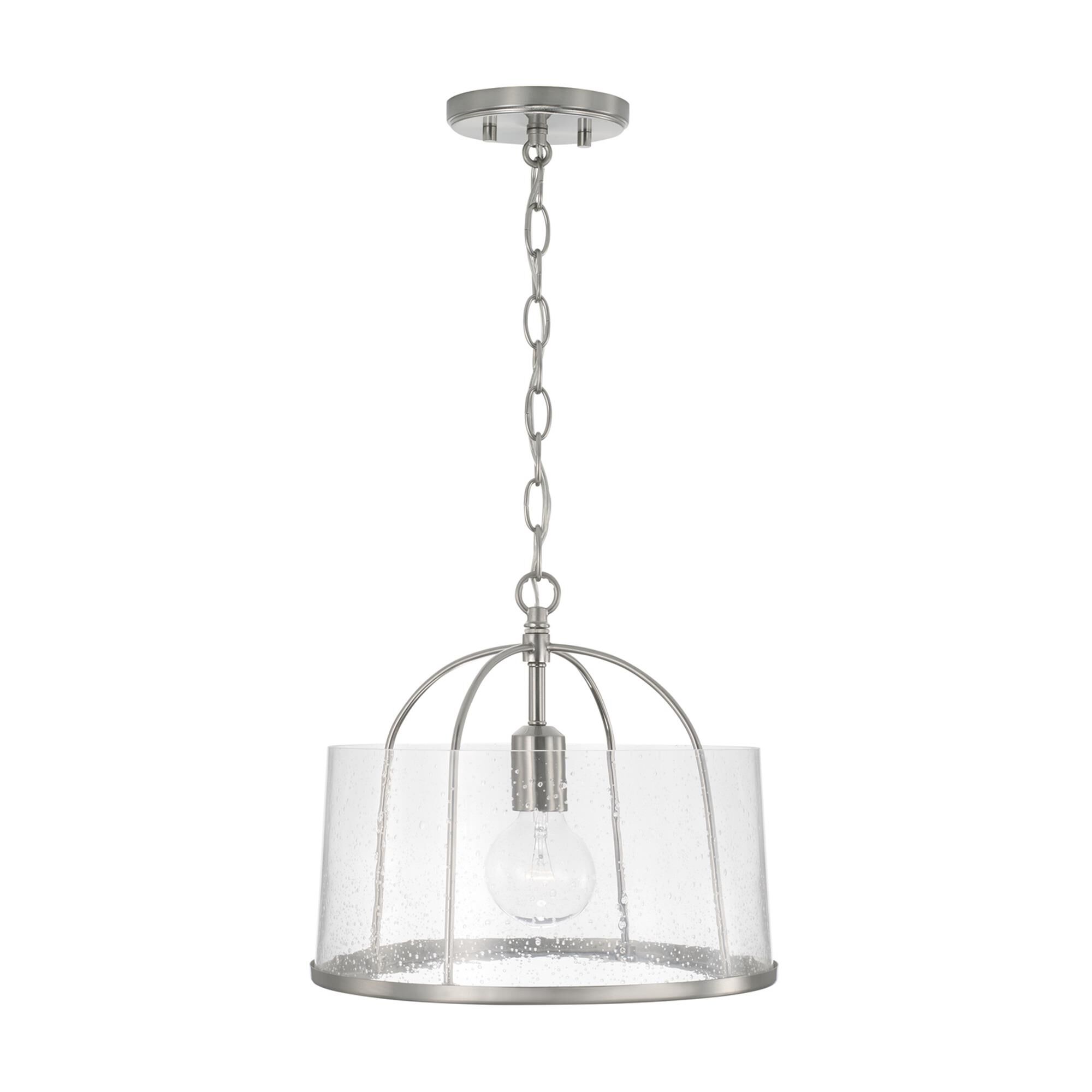 Shown in Brushed Nickel finish and Clear Seeded glass