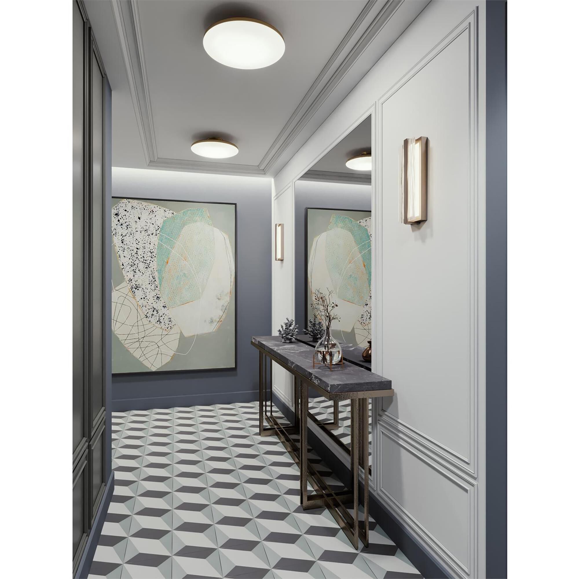 Shown in Satin Brass finish and White Acrylic shade