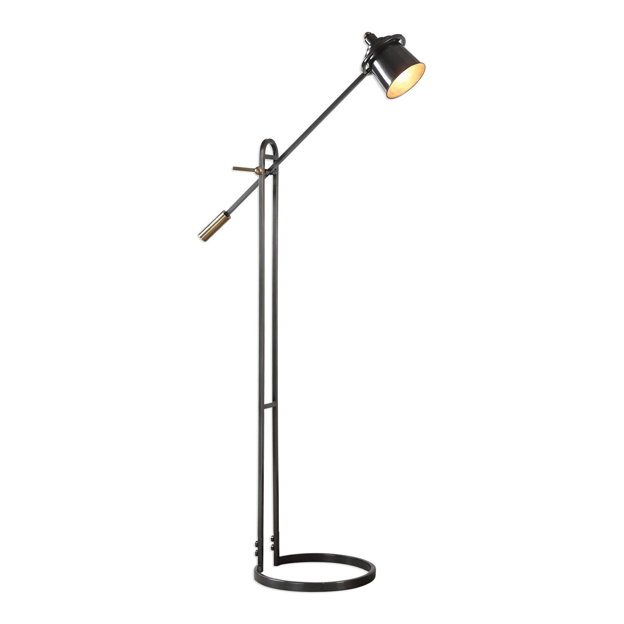Shown in This Steel Lamp Features A Delicate Stature With A Wide Footprint, Finished In A Plated, Dark Oil Ru finish and Metal shade