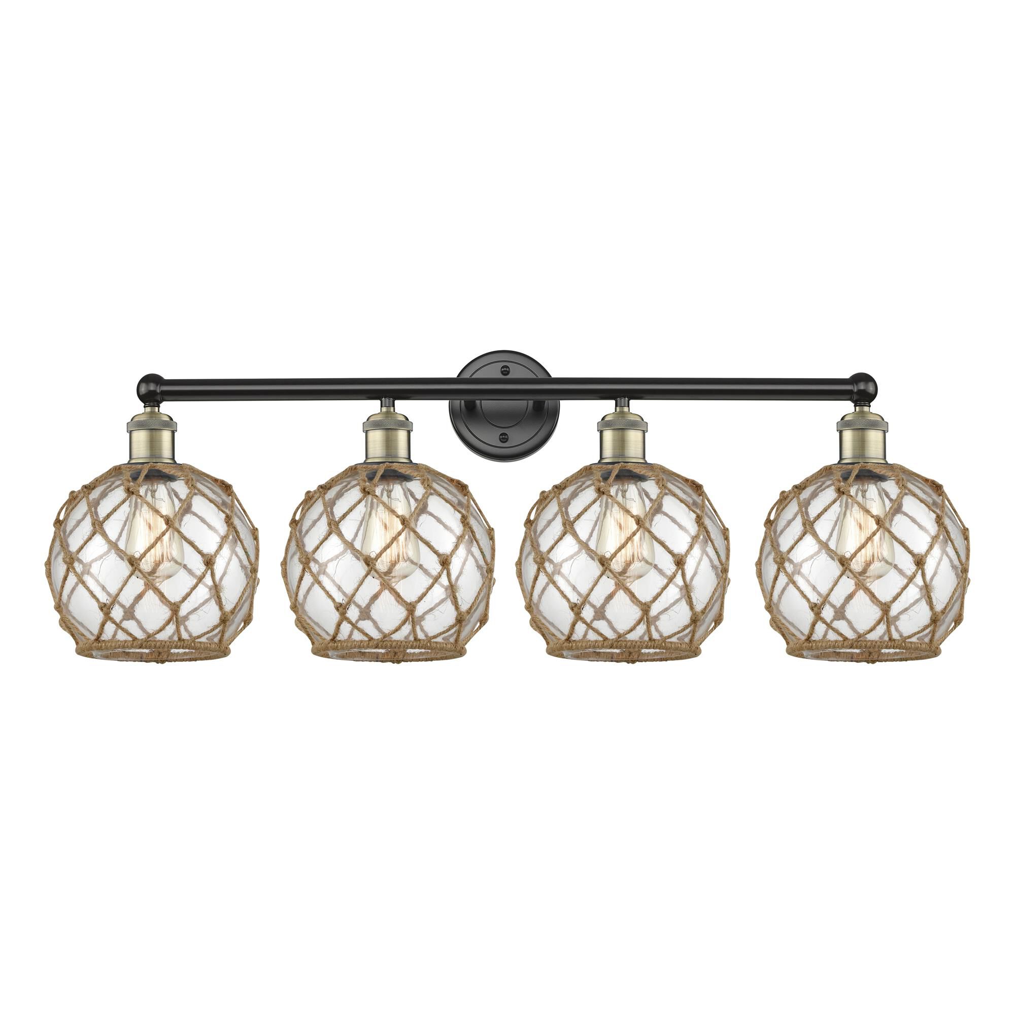 Shown in Black Antique Brass finish and Clear with Brown Rope glass