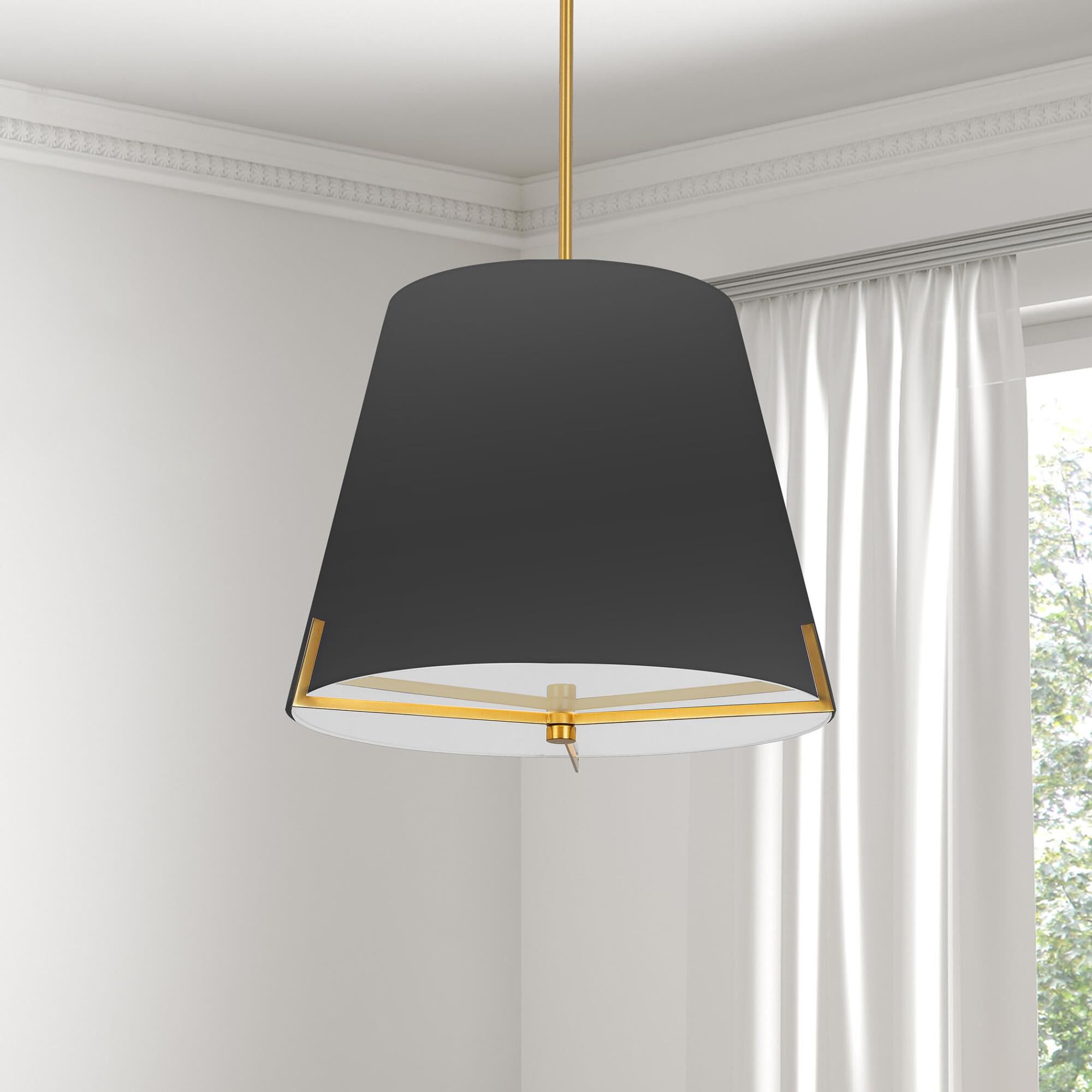 Shown in Black and Aged Brass finish and Black Fabric Tapered Drum shade