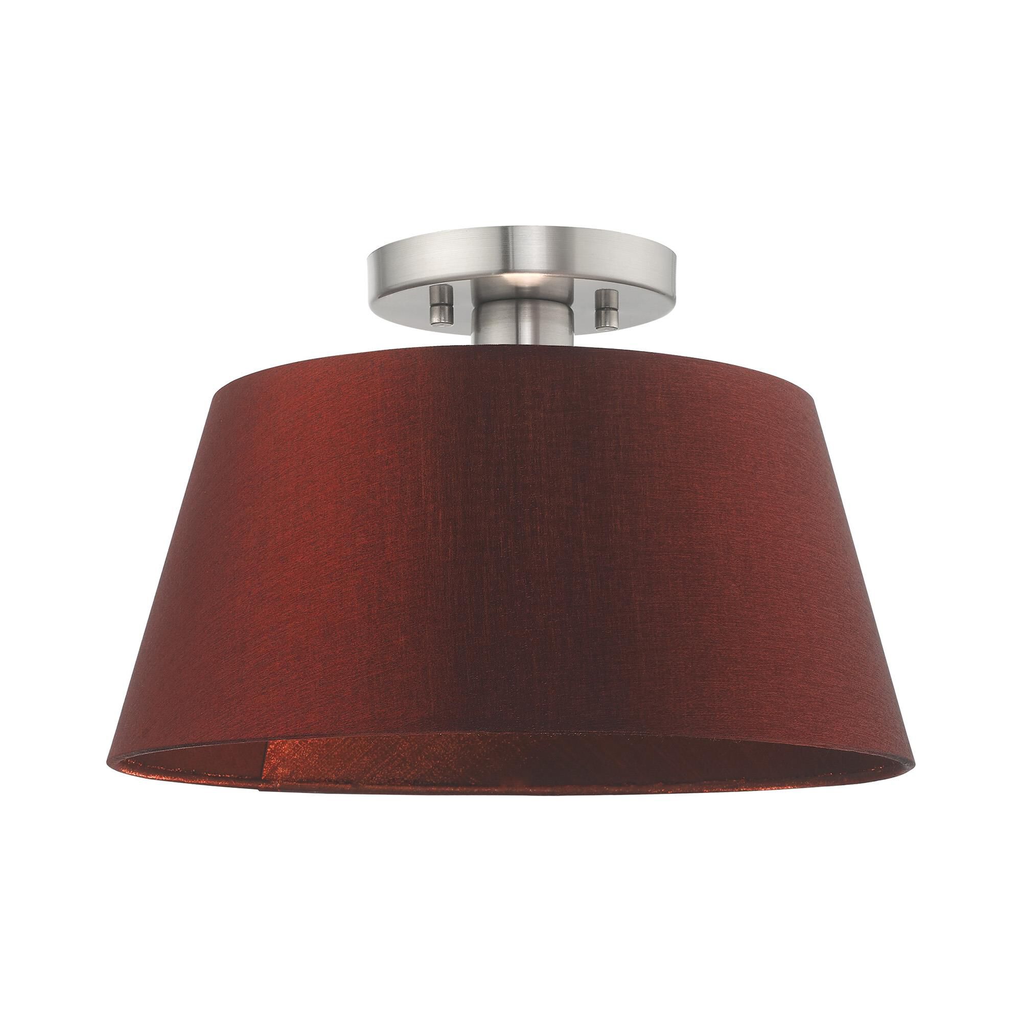 Shown in Brushed Nickel finish and Hand Crafted Red Wine Fabric Hardback shade