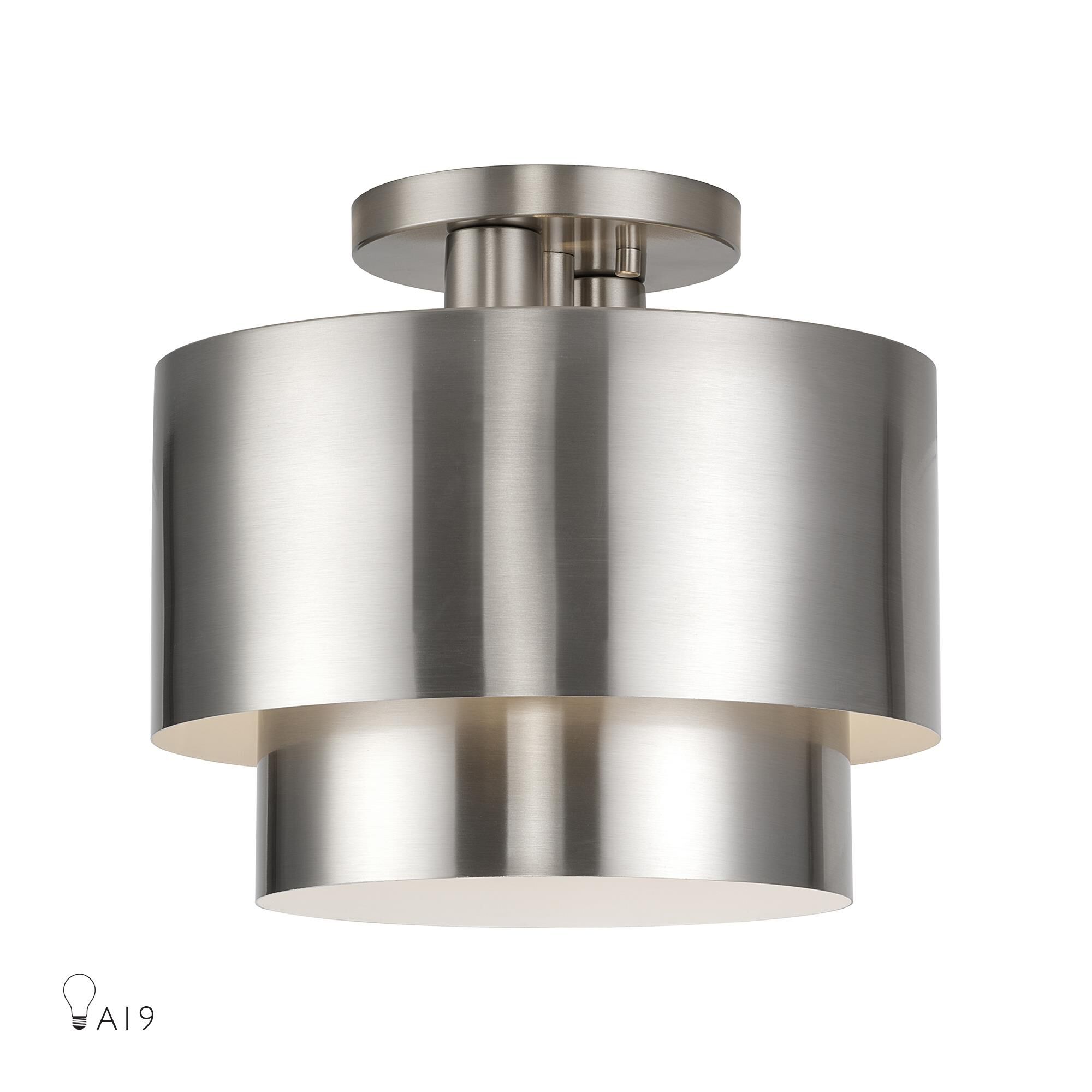 Shown in Brushed Nickel finish and Brushed Nickel Steel with Shiny White Inside shade