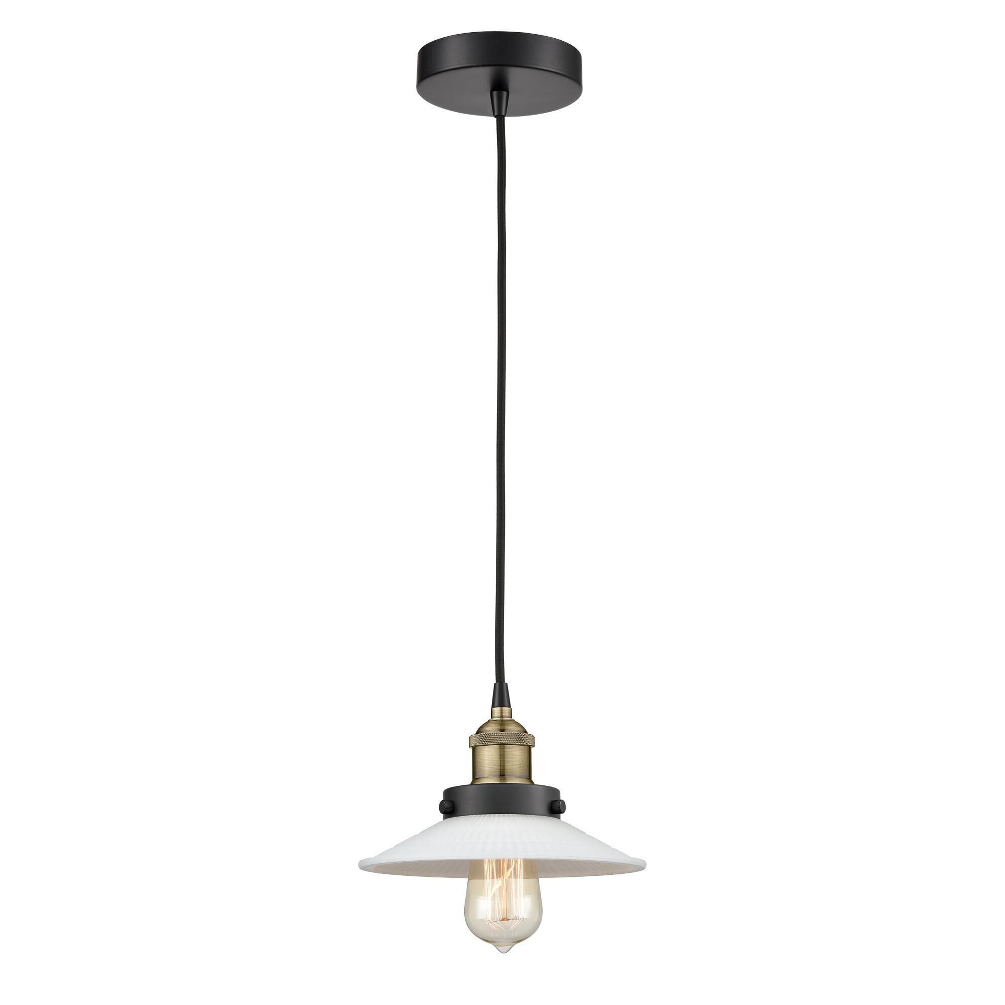 Shown in Black Antique Brass finish and Matte White Halophane glass