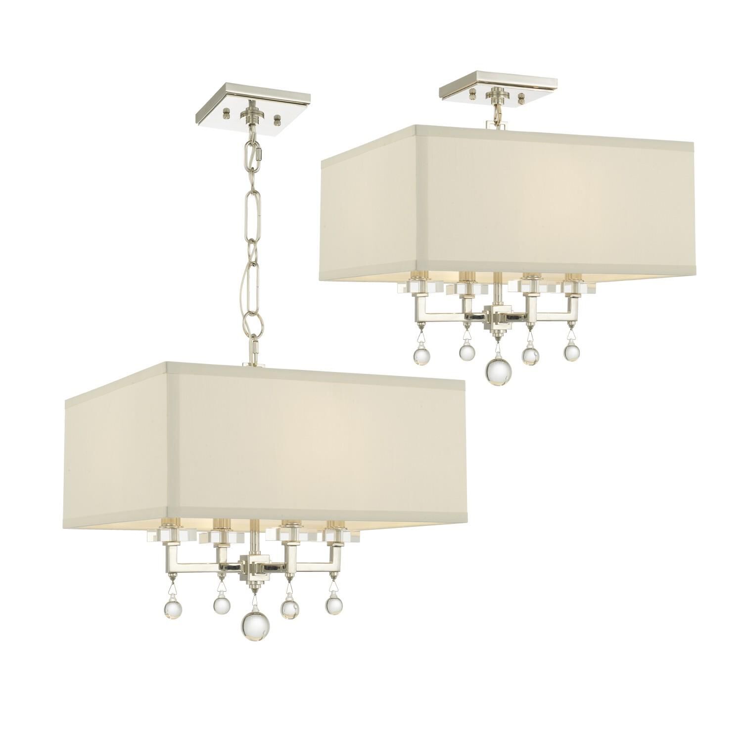 Shown in Polished Nickel finish and Clear Glass Drops crystal and Silk glass and White shade