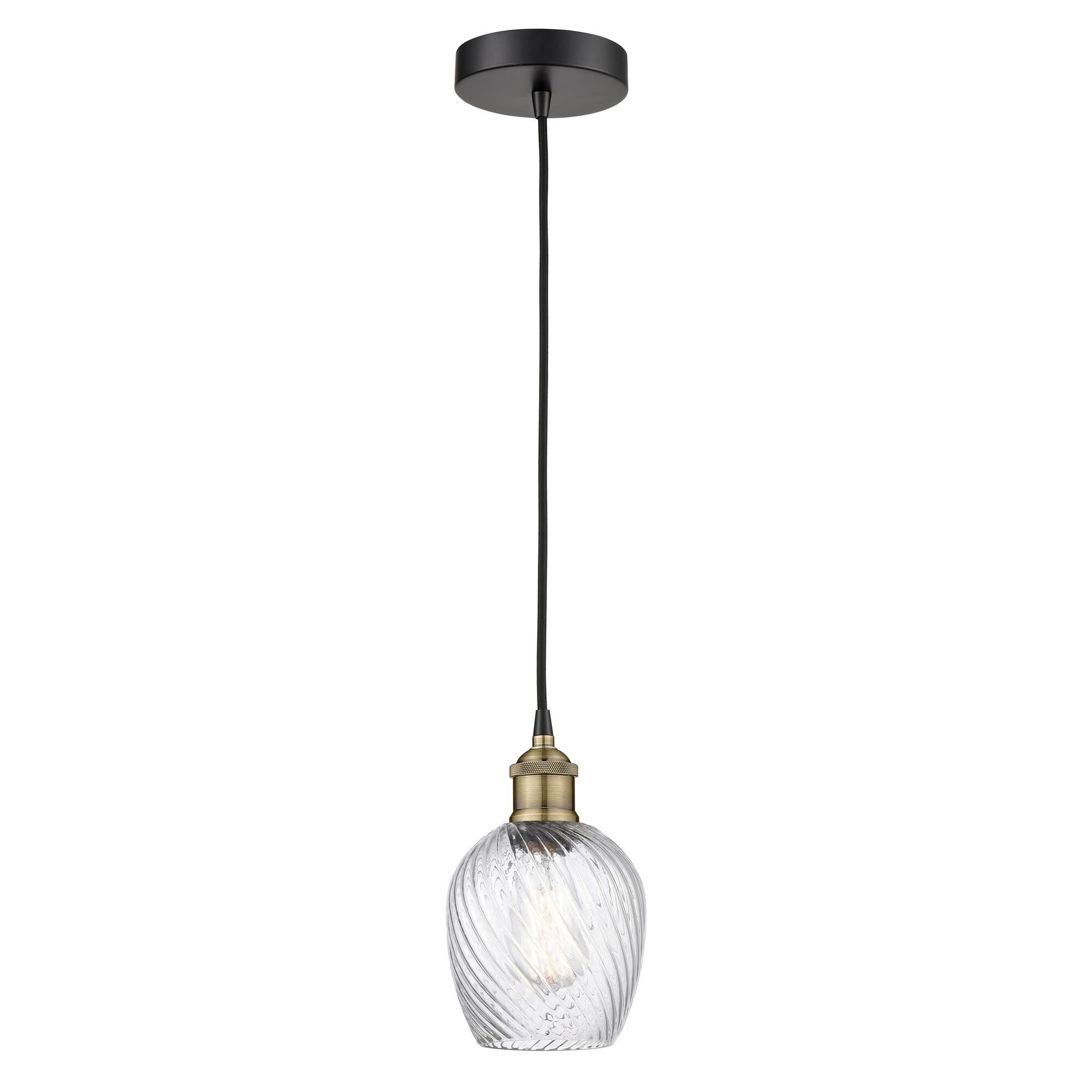 Shown in Black Antique Brass finish and Clear Spiral Fluted glass