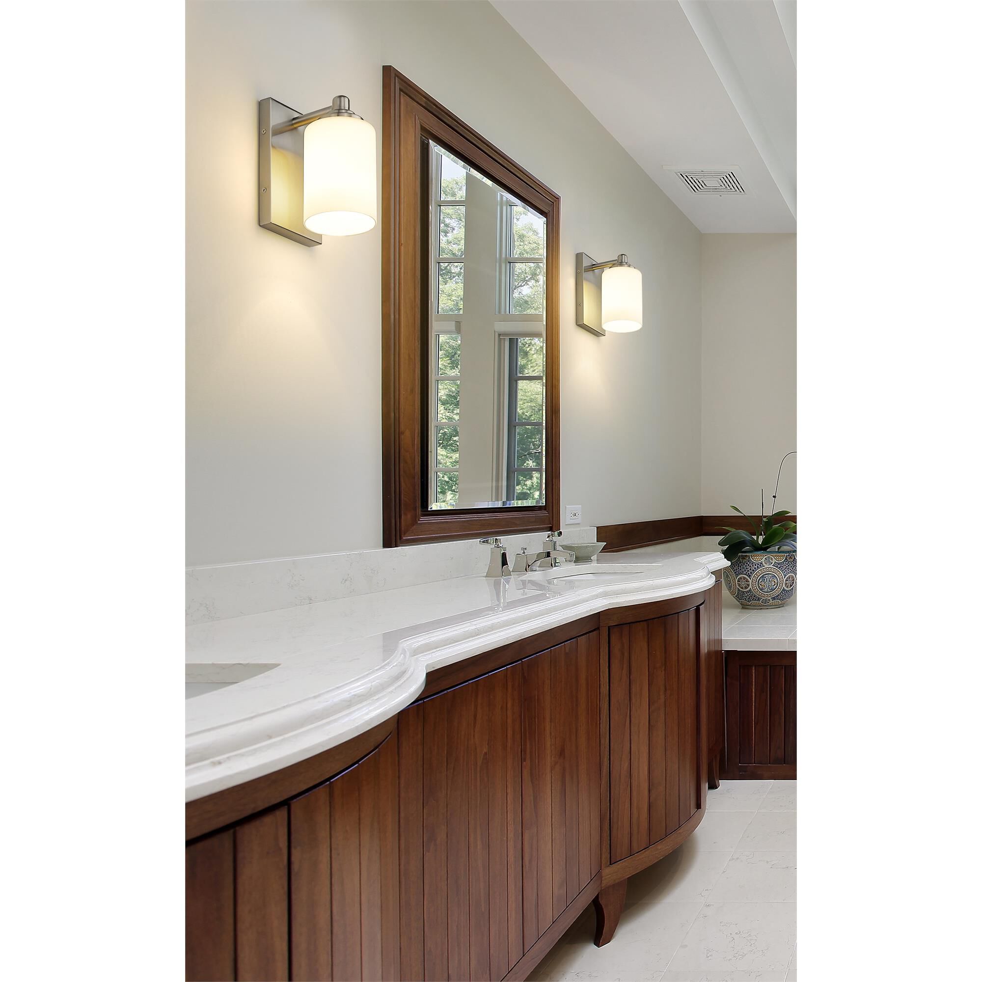 Shown in Brushed Nickel finish and White glass