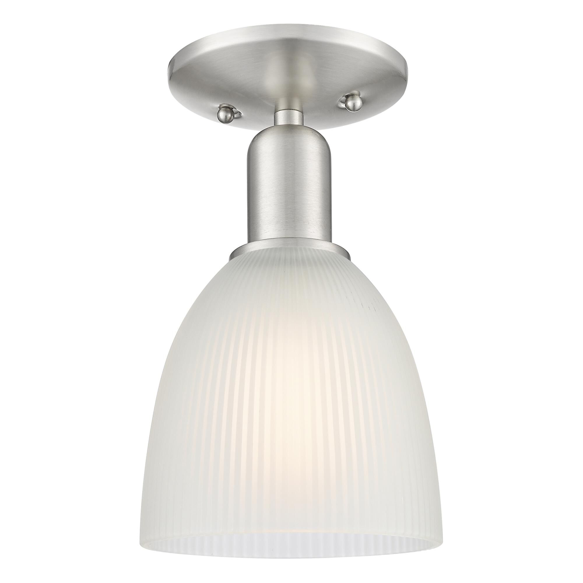 Shown in Brushed Satin Nickel finish and White glass