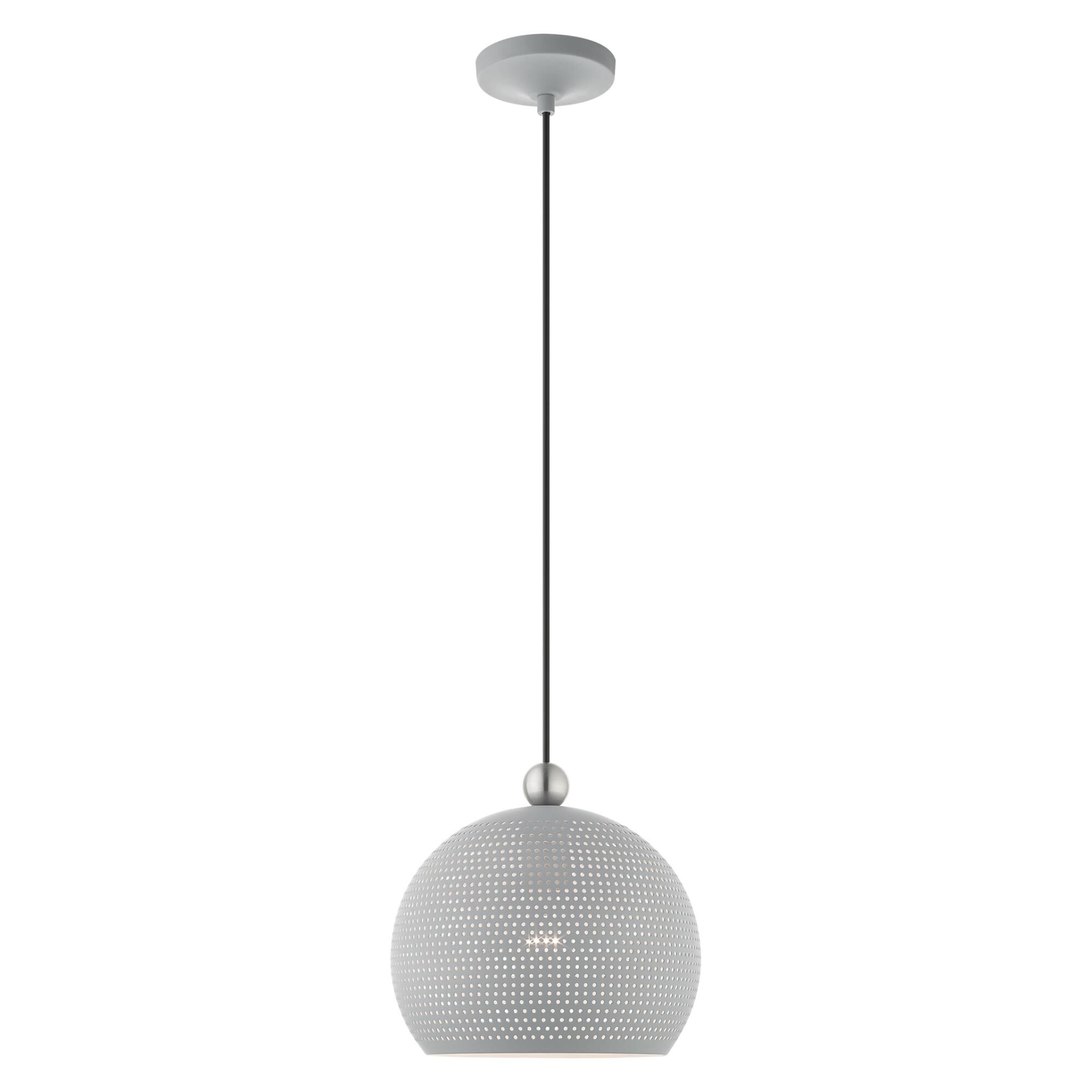 Shown in Nordic Gray With Brushed Nickel Accents finish and Nordic Gray Ornamental Metal Shade With White Finish Inside glass and Nordic Gray Ornamental Metal  With White Finish Inside shade
