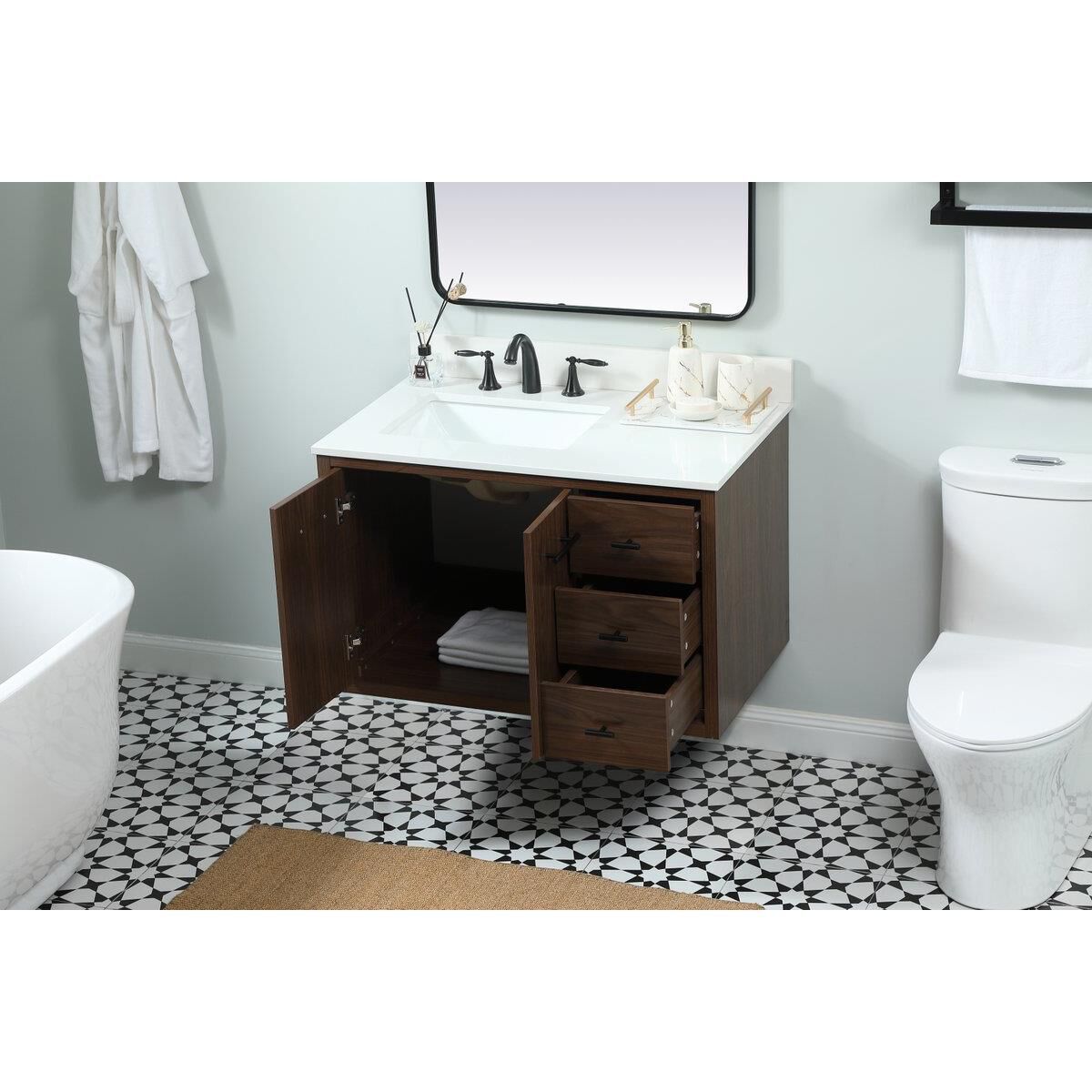 Shown in Walnut finish and Backsplash accent