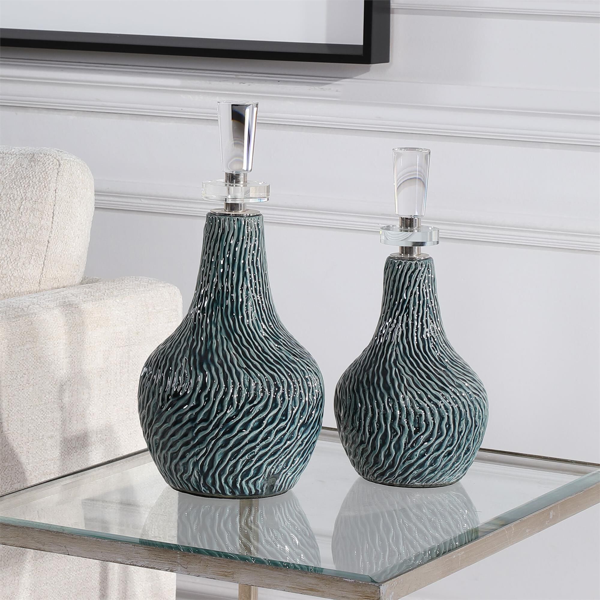 Shown in Set Of Two Ceramic Bottles Feature An Organic Textured Finish In A Distressed Dark Teal Glaze, Paire finish