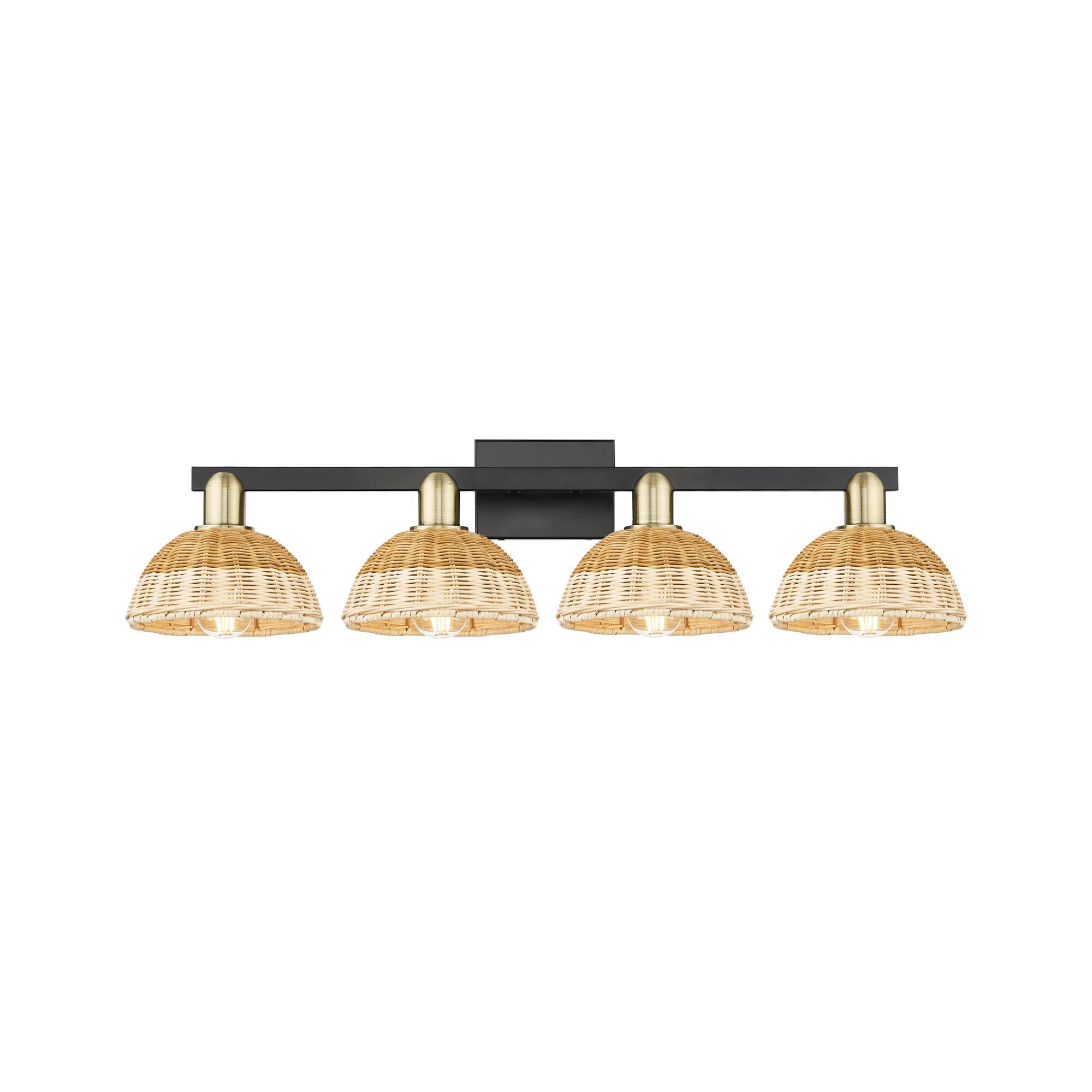 Shown in Black Antique Brass finish and Natural Fiber shade