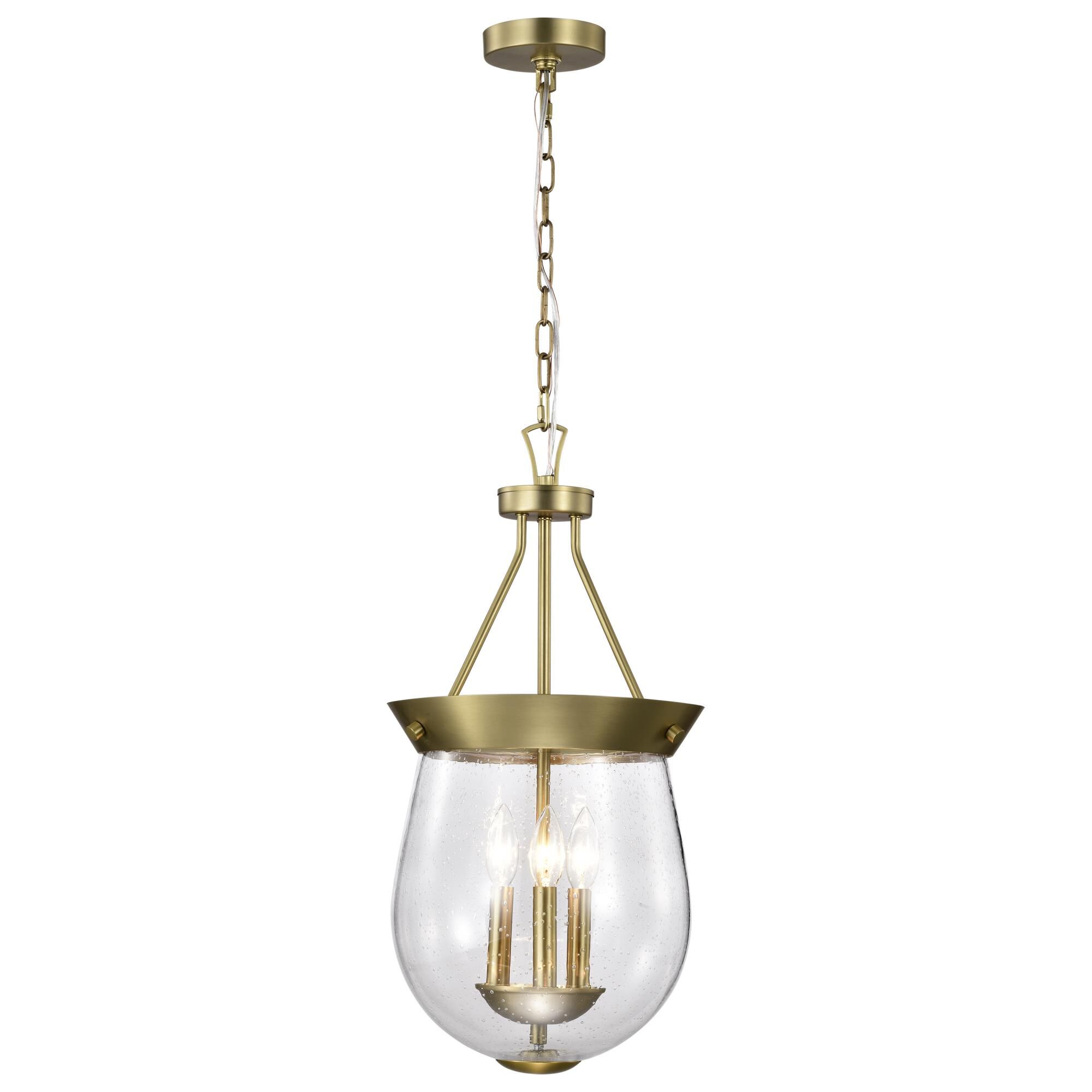 Shown in Vintage Brass finish and Clear Seeded glass