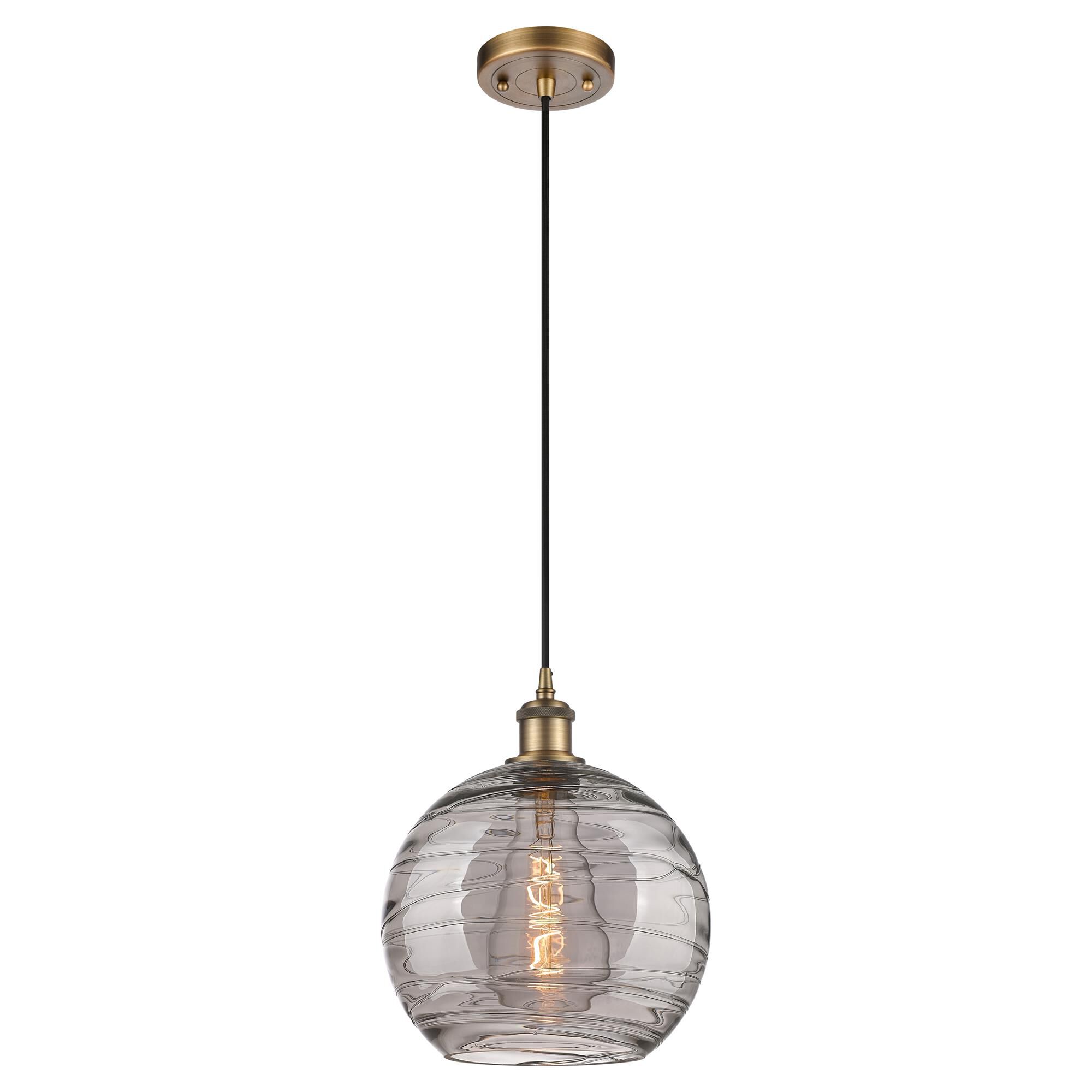 Shown in Brushed Brass finish and Light Smoke Deco Swirl glass