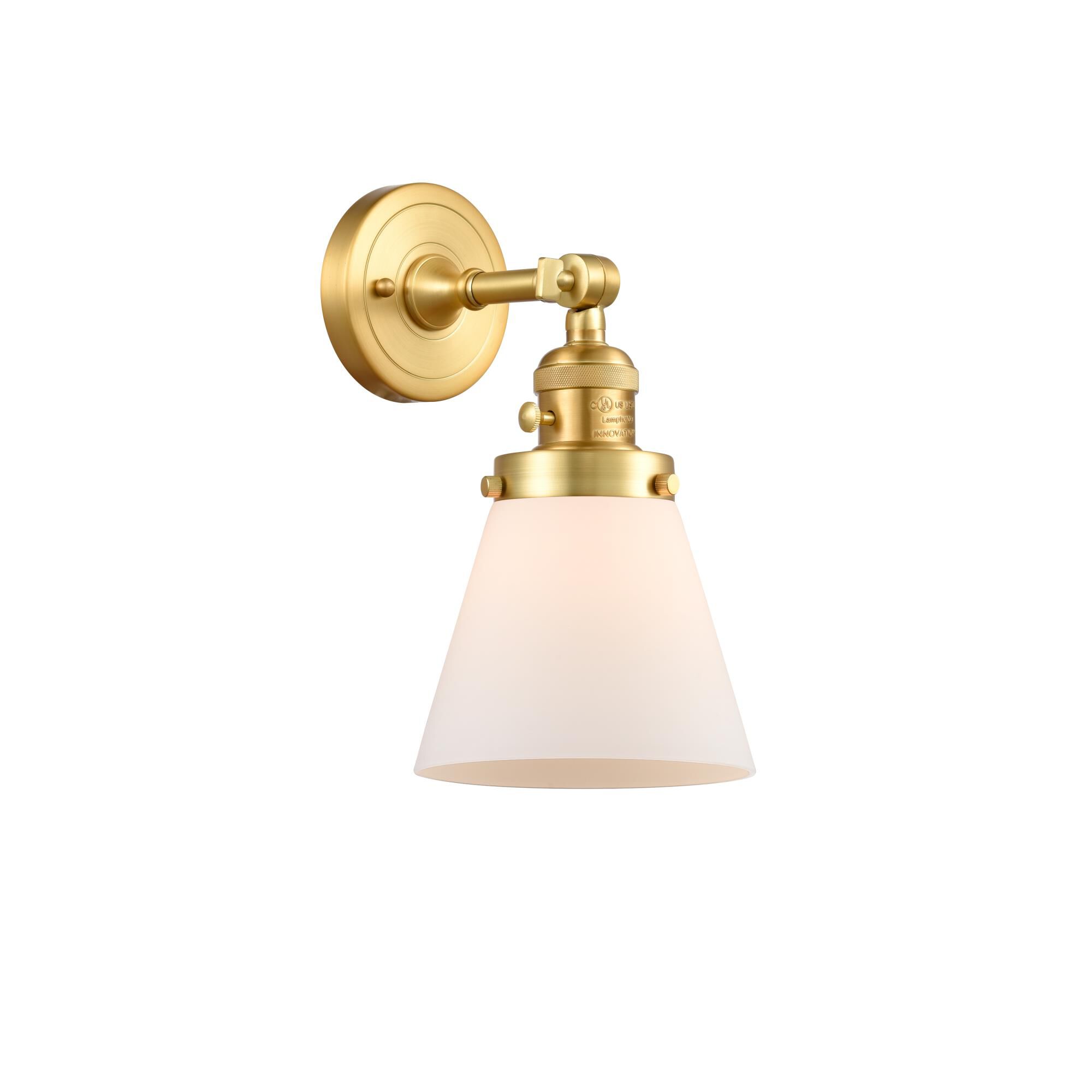 Shown in Satin Gold finish and Matte White Cased Small Cone glass